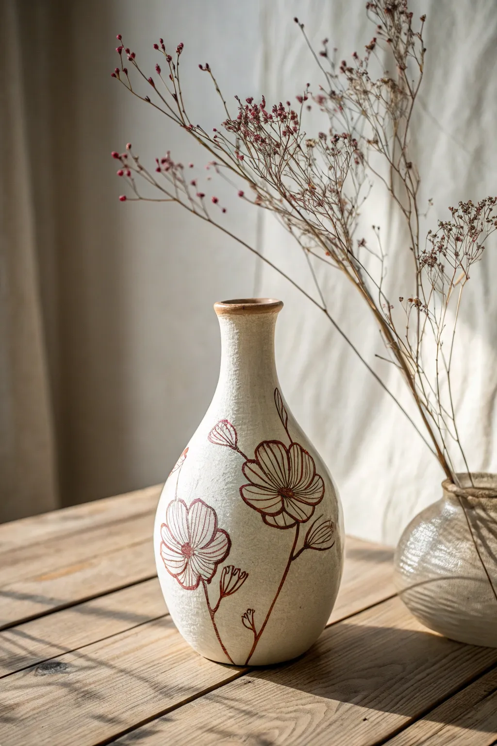 Embrace simplicity with minimalist flower outlines on handcrafted pottery.