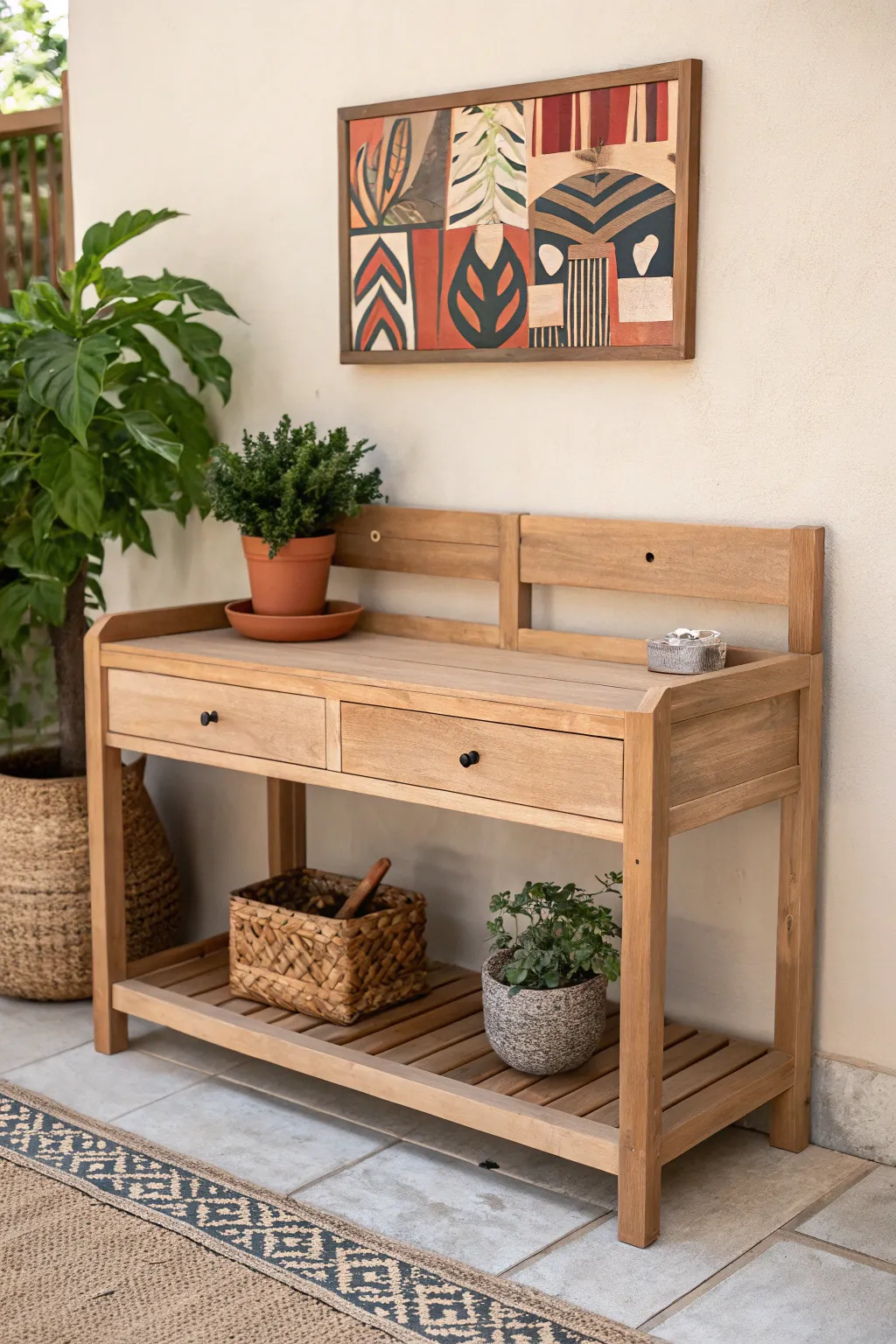 Transform your potting bench into a serene workspace with a touch of art and greenery. #ScandinavianStyle #MinimalistBoho