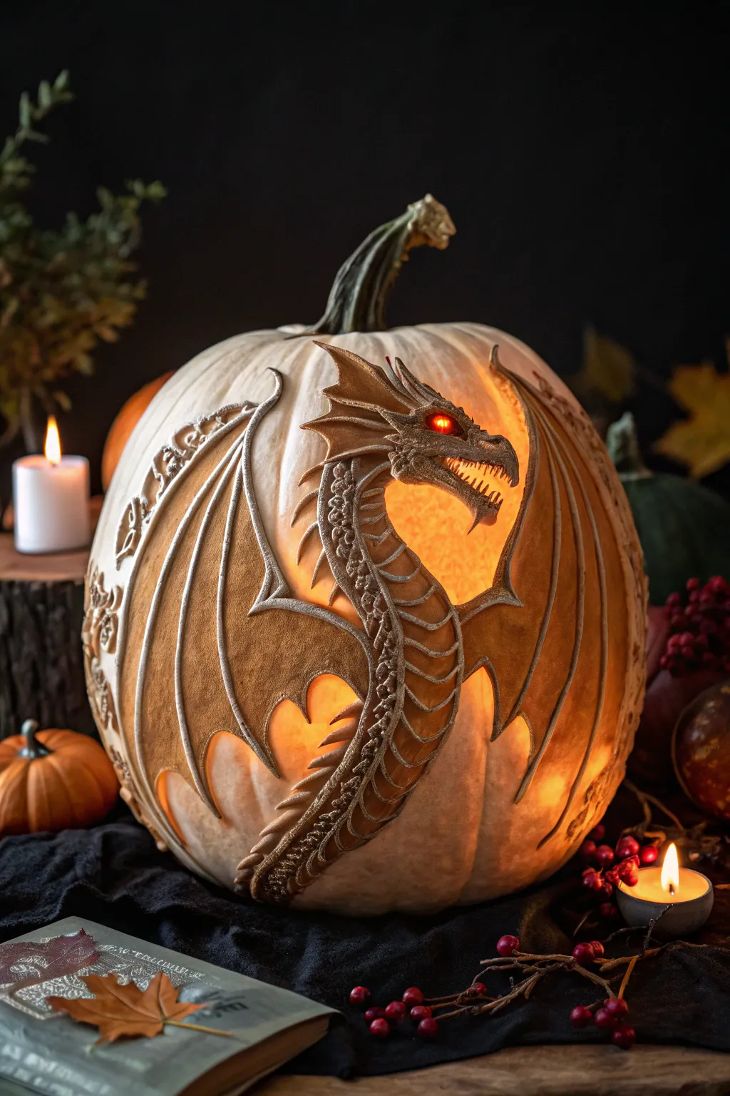 Unleash your inner artist with this stunning dragon pumpkin carving. A true masterpiece of craftsmanship.