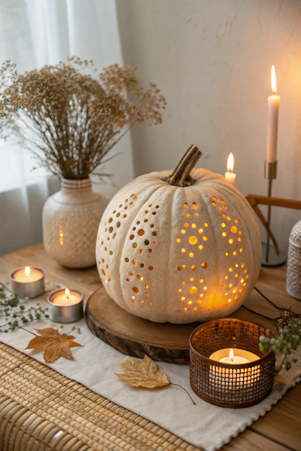 Embrace the mystery of autumn with a peek-a-boo pumpkin design that casts enchanting light patterns. Perfect for adding a touch of magic to your minimalist décor.