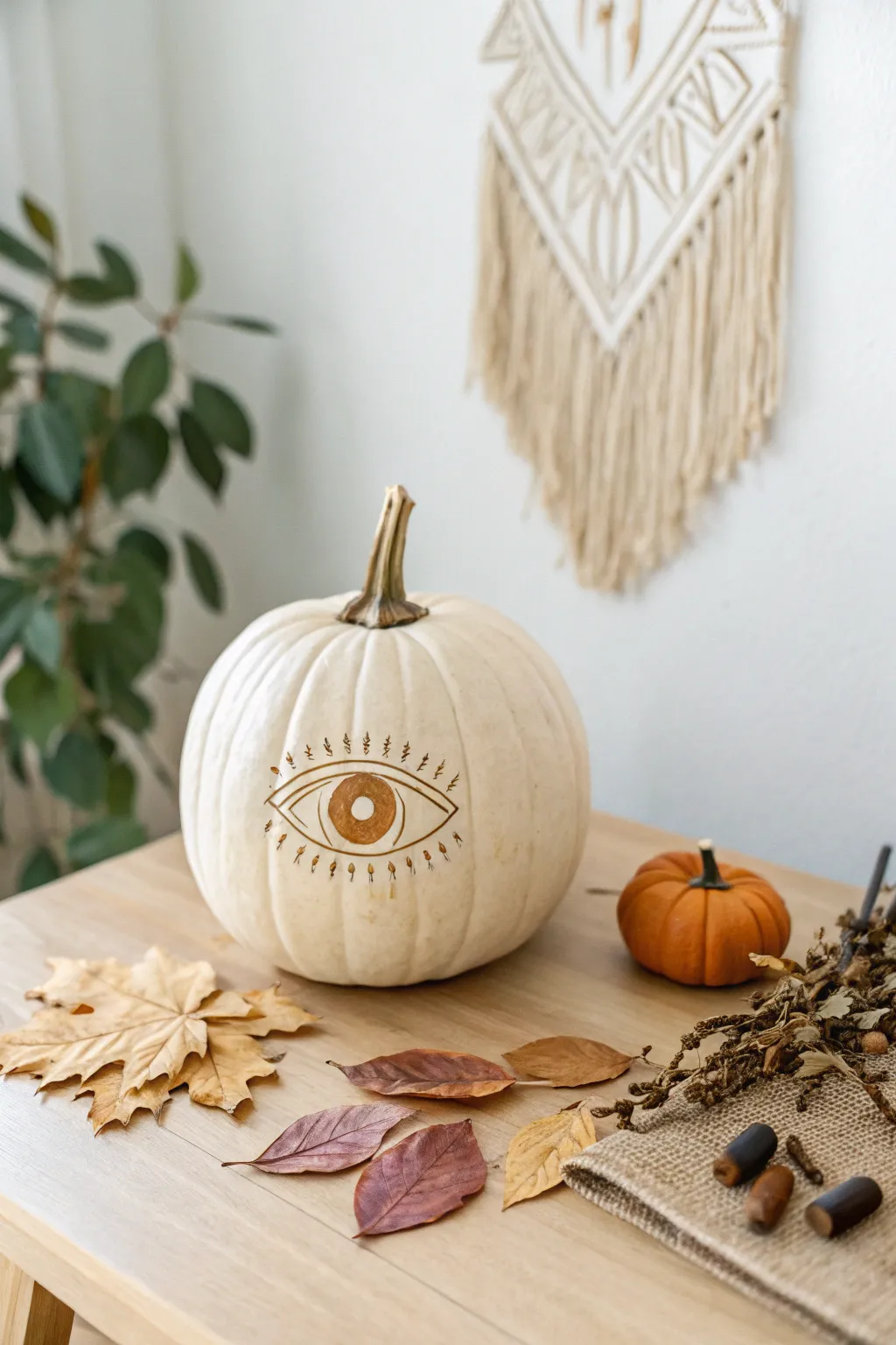 Unleash your creativity with this surreal pumpkin design, where minimalist elegance meets bohemian charm.