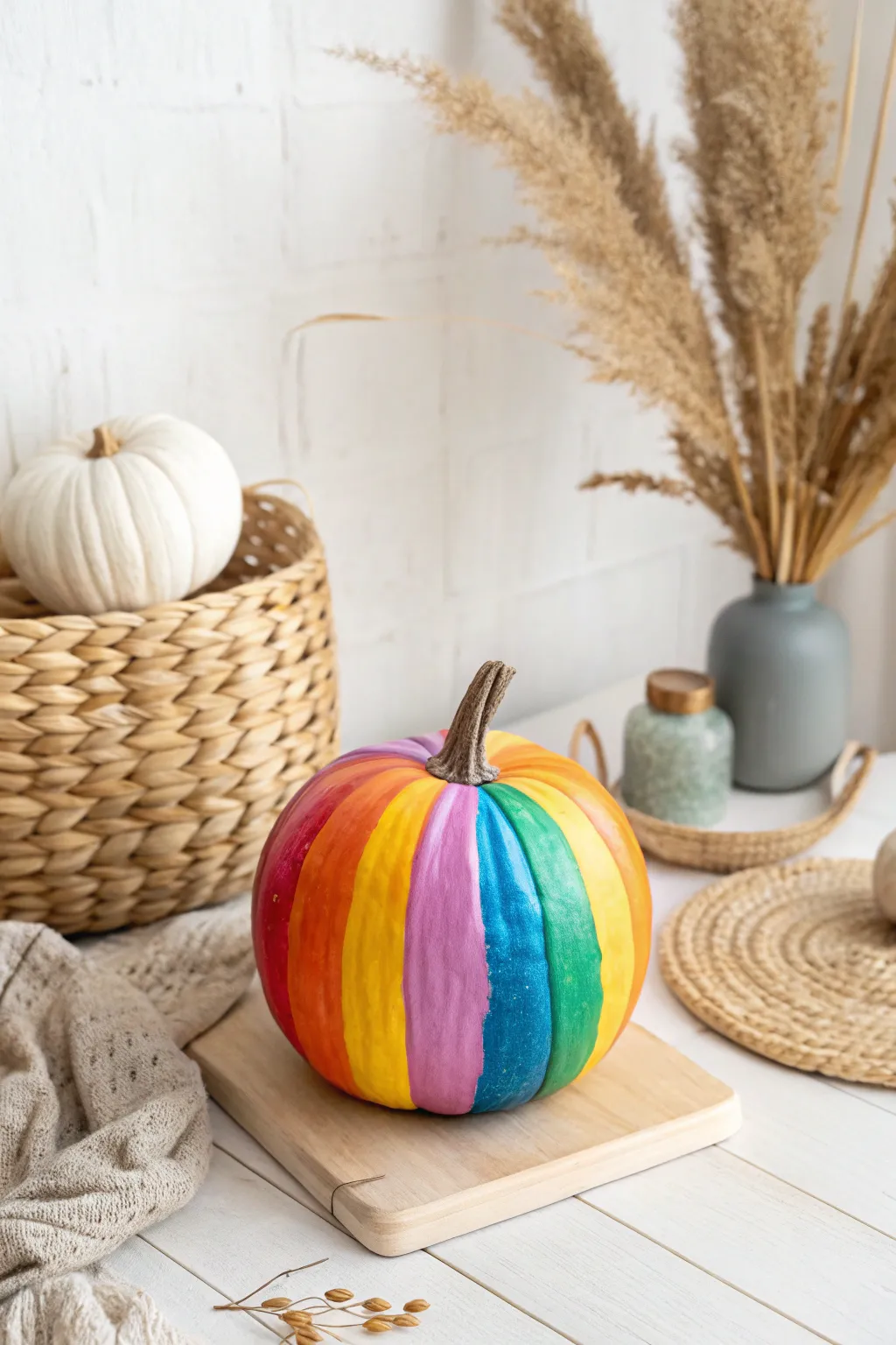 Add a splash of joy to your home with a rainbow-painted pumpkin masterpiece!