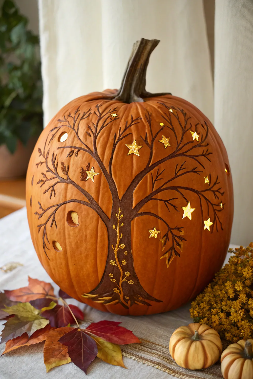 Enchant your space with the magic of a wishing tree pumpkin, where dreams are written among the stars.