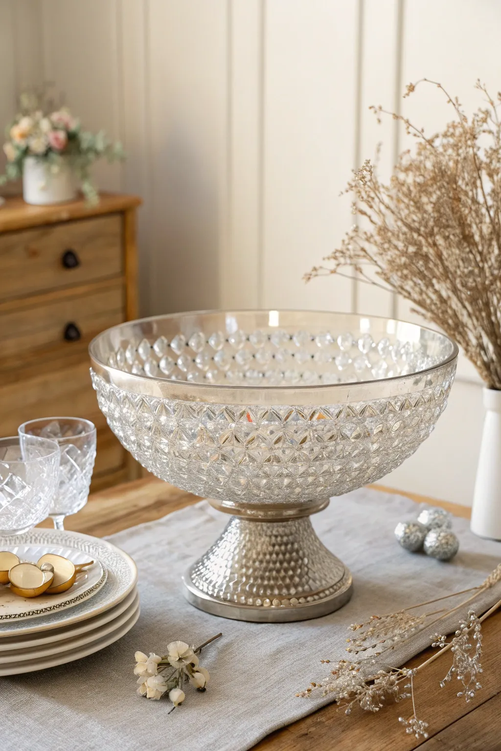 Elevate your party decor with a dazzling punch bowl centerpiece, bringing a touch of glamour and minimalist elegance.