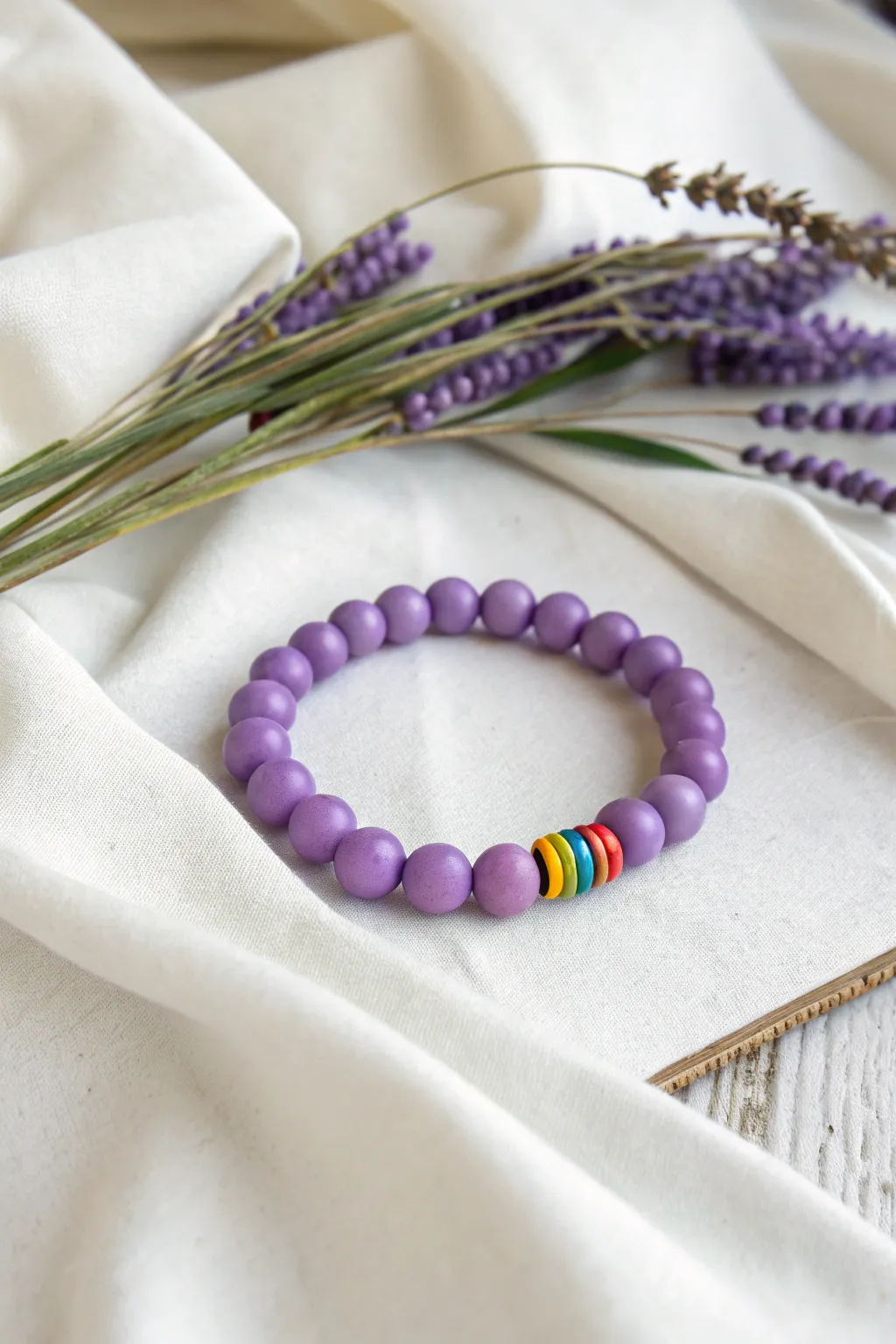 Discover the joy in simplicity with this handcrafted bracelet - a subtle rainbow surprise among serene purples.