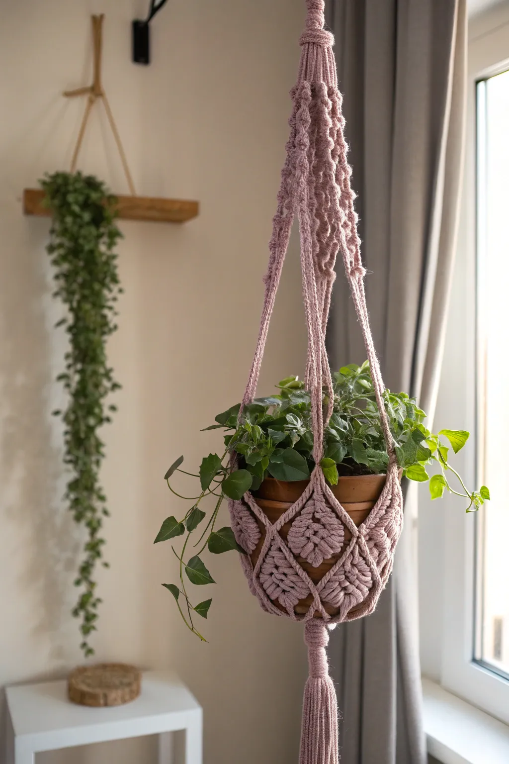 Elevate your greenery with elegant mauve crochet plant hangers, where simplicity meets natural beauty.