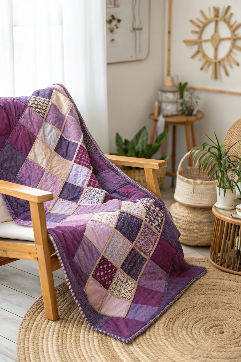Embrace the cozy charm of purple plaid with this exquisite quilt, blending simple elegance with boho flair.