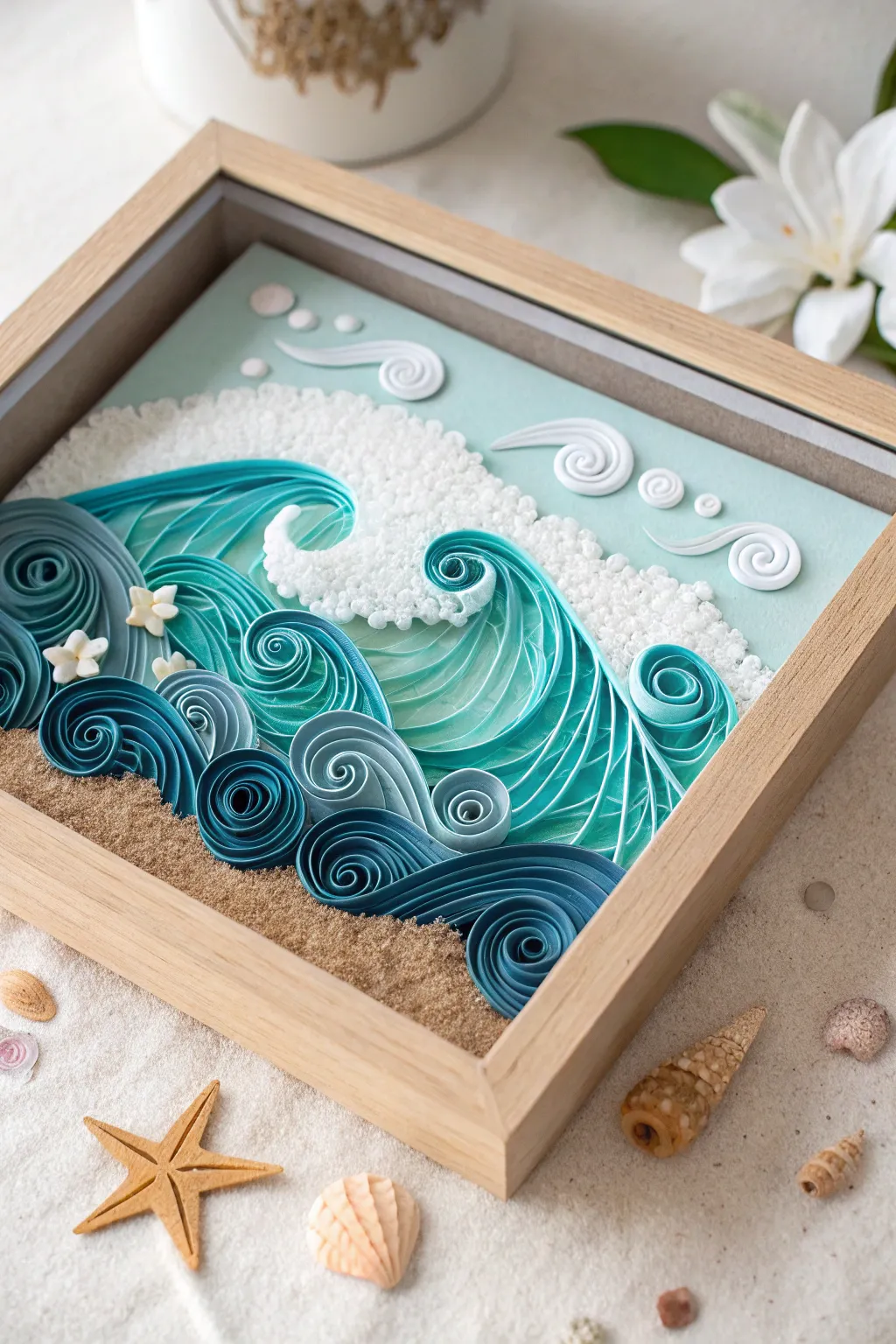 Dive into serenity with this exquisite quilled ocean shadow box, where minimalism meets artistic flair.