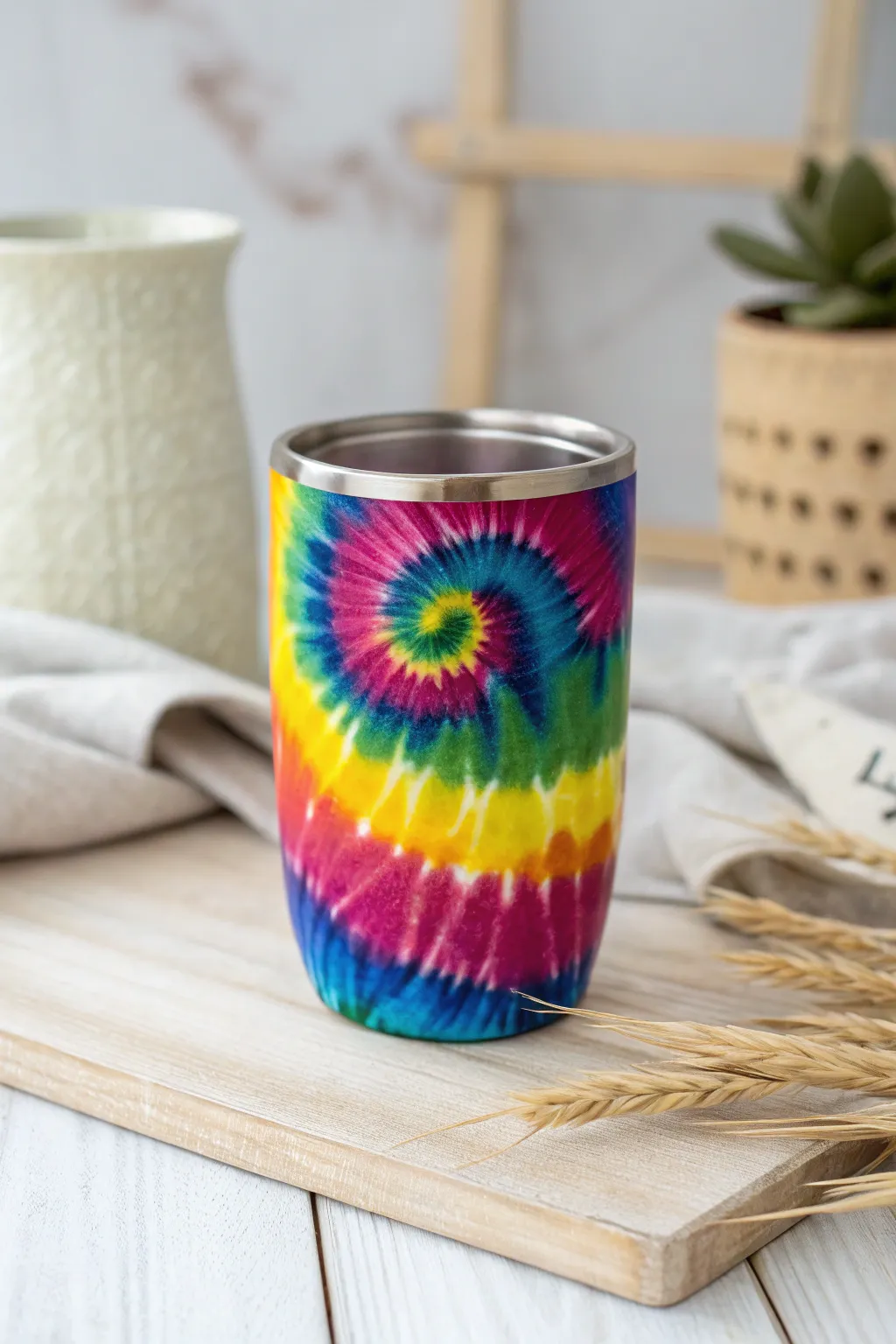 Embrace the retro charm of tie-dye with this vibrant rainbow tumbler, perfect for adding a splash of color to your minimalist decor.