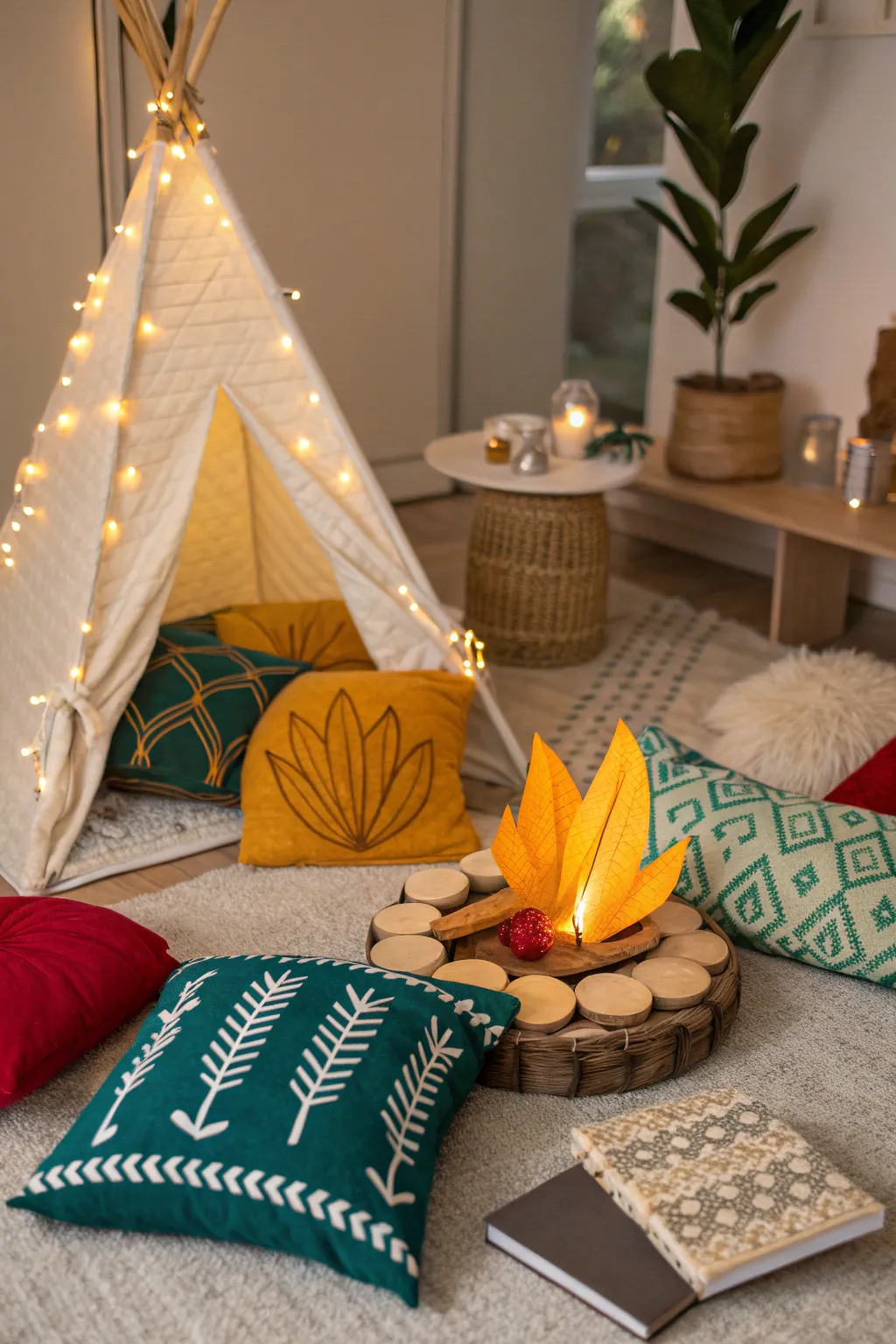 Ignite your child's imagination with a cozy campfire reading nook, where stories come to life under a starlit sky.