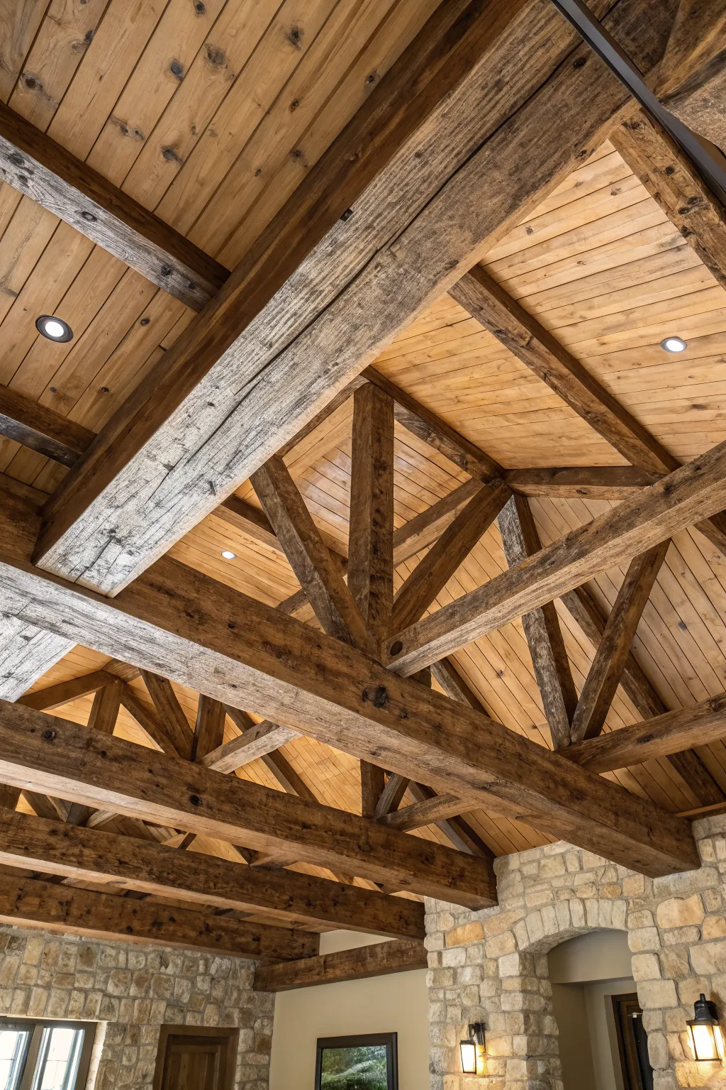 Elevate your space with the timeless allure of a reclaimed wood feature ceiling.