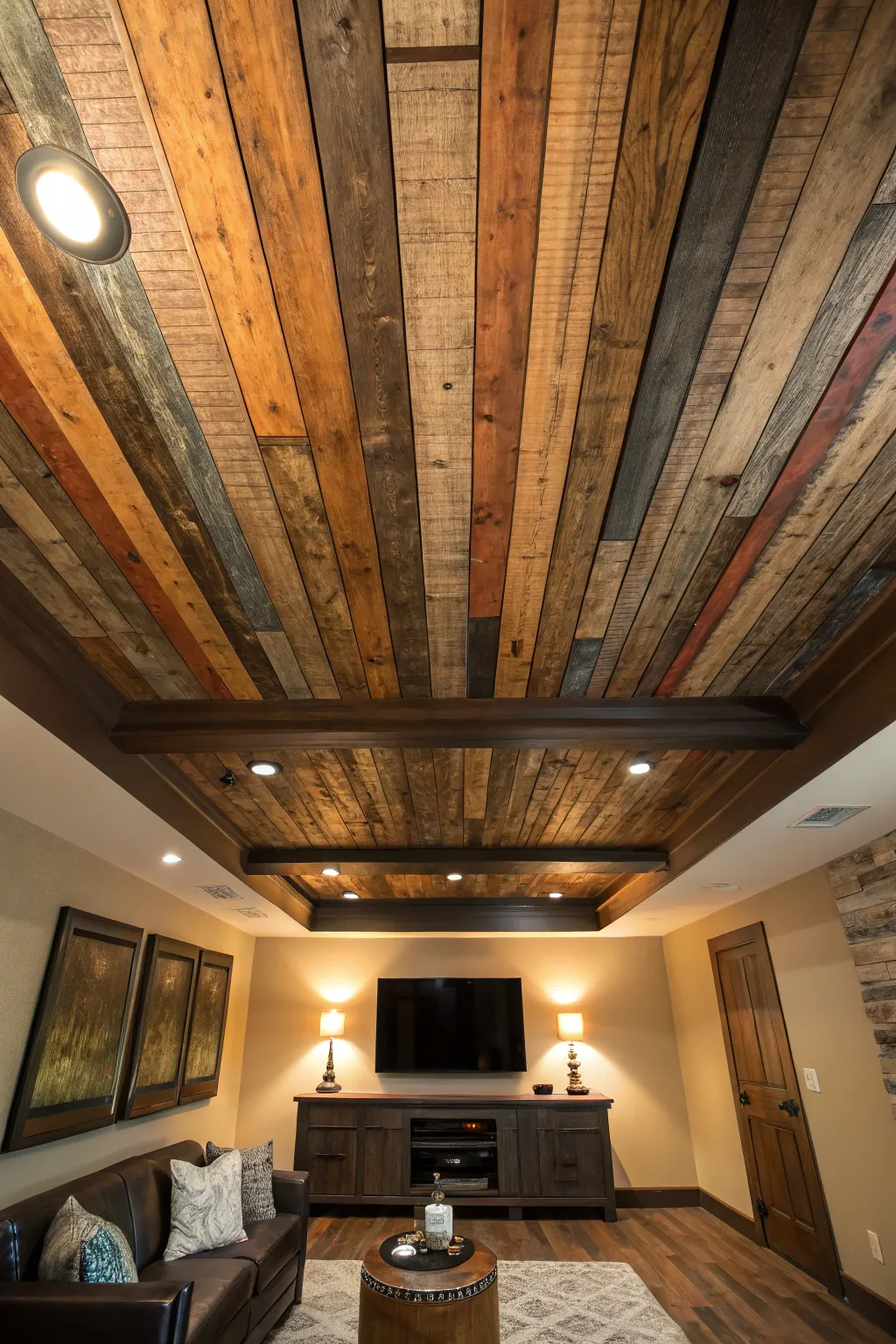 Elevate your space with the timeless charm of a reclaimed wood ceiling.