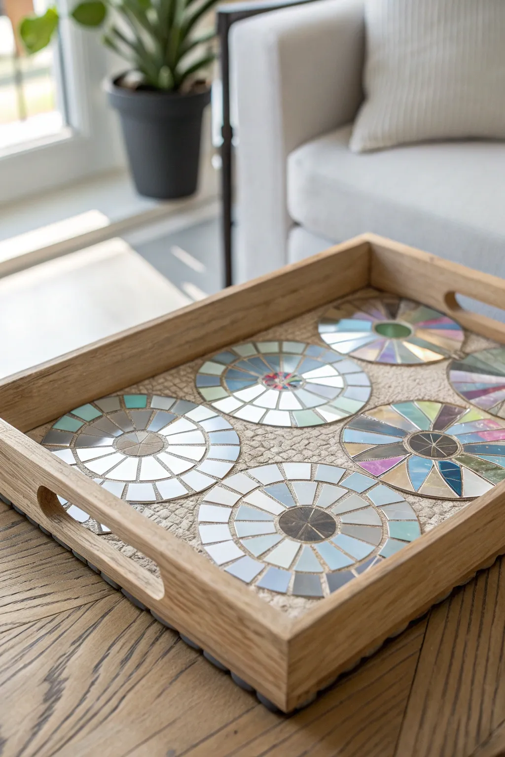 Transform old CDs into a stunning mosaic masterpiece that adds a touch of sparkle to your minimalist decor.