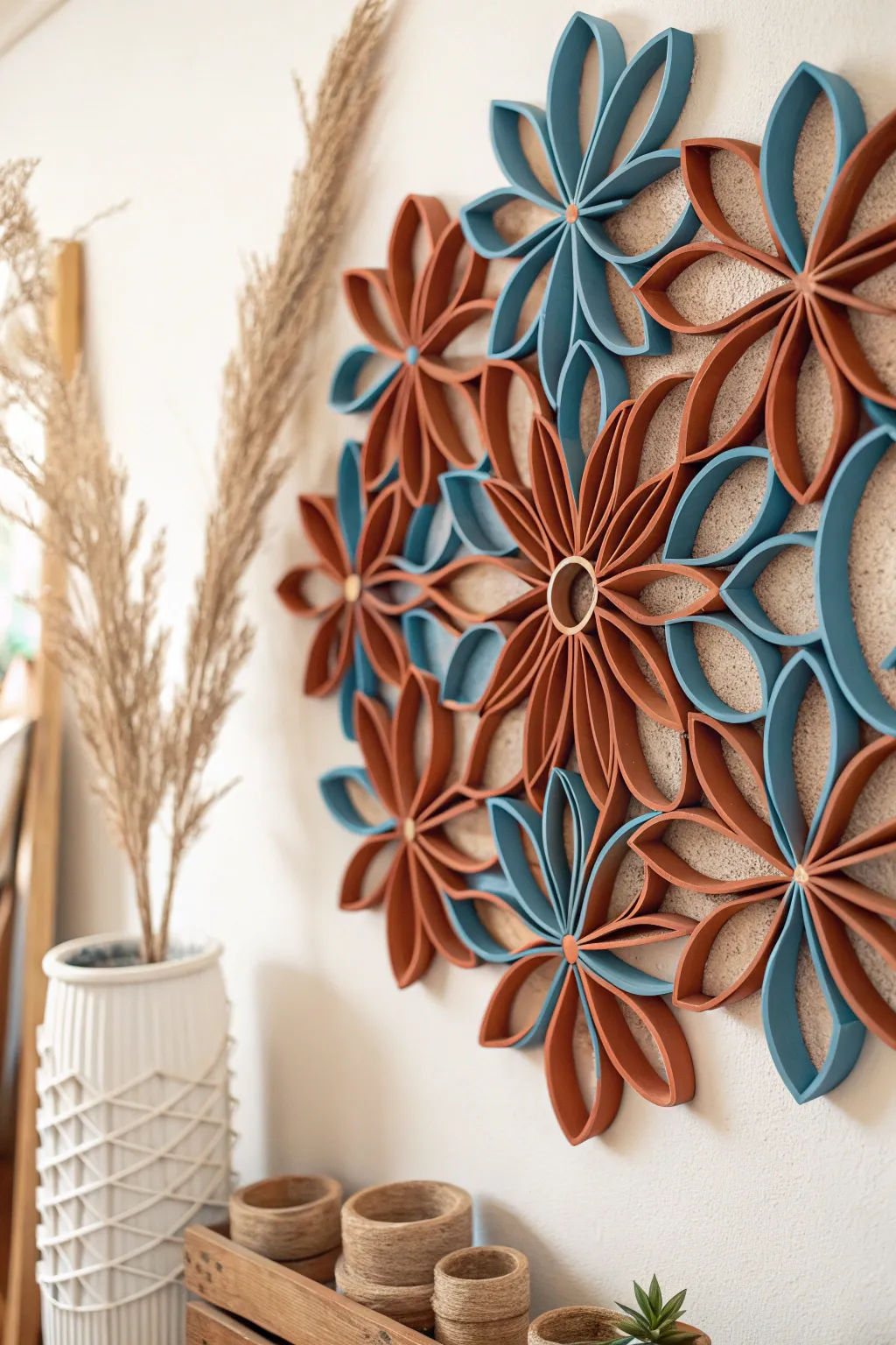 Transform everyday items into captivating wall art—elegance and eco-friendliness meet in this recycled masterpiece.