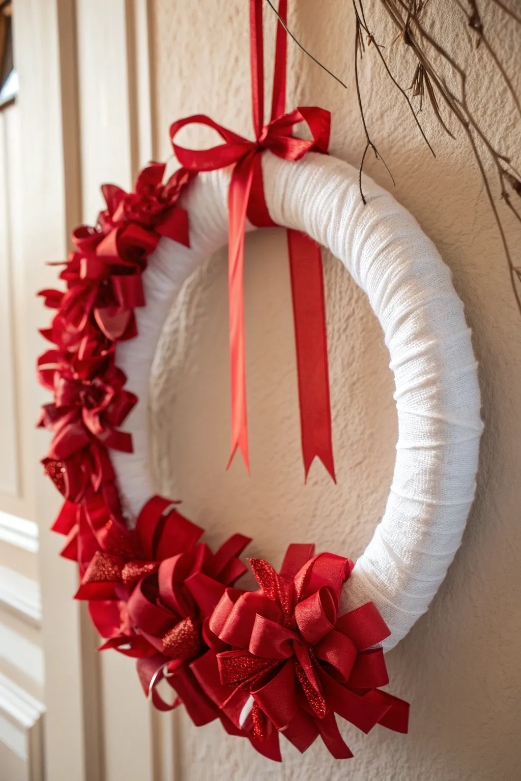 Add a pop of color and elegance to your door with this handcrafted red ribbon wreath.