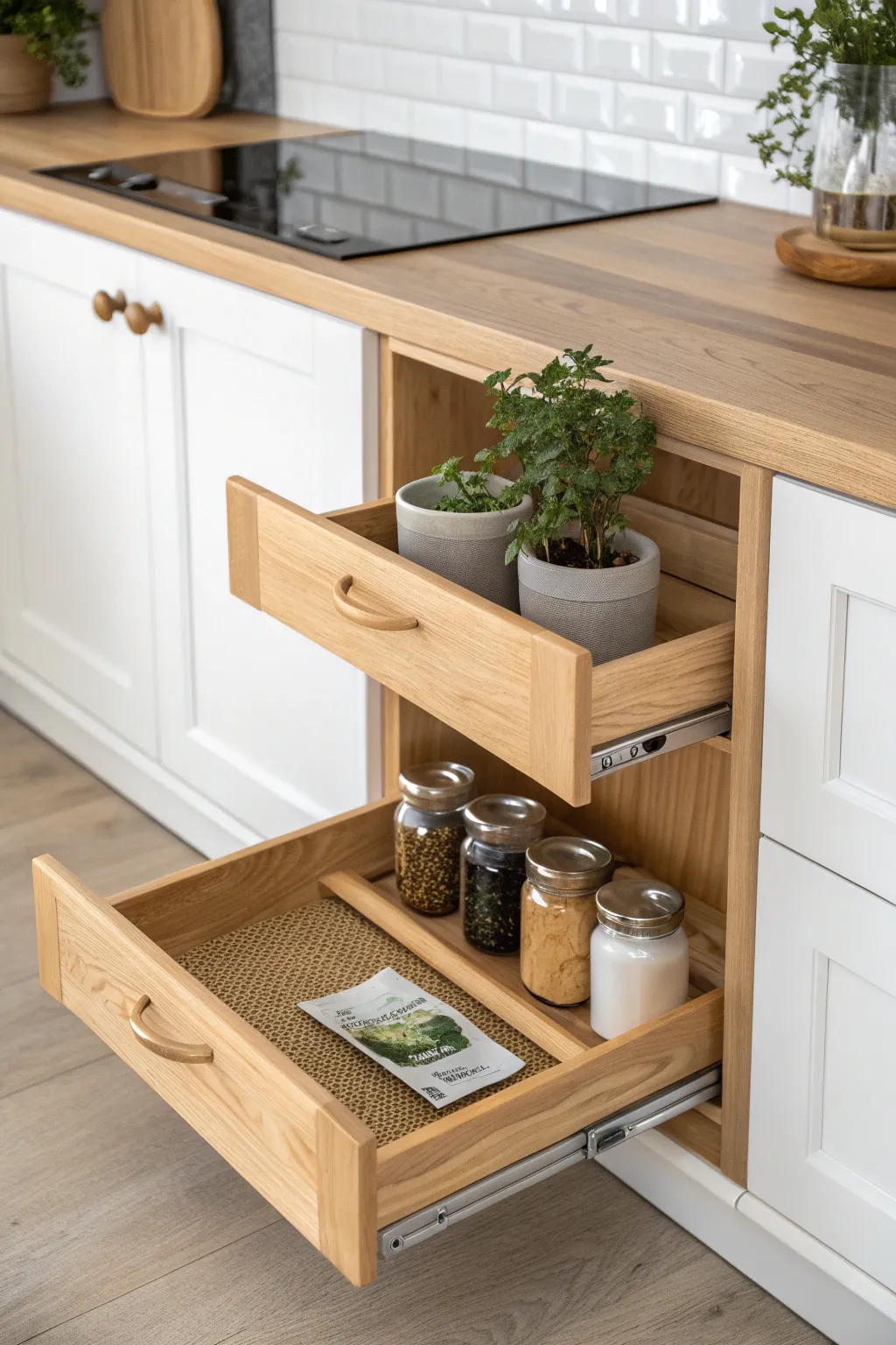 Discover the elegance of organization with these stunning pull-out shelves, where functionality meets minimalist beauty.