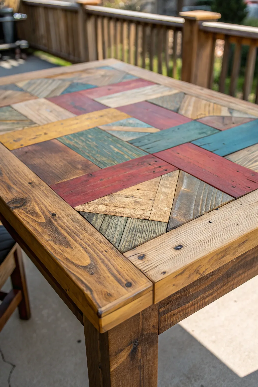 Transform your table into a masterpiece with a playful patchwork paint design, perfect for eclectic spaces.