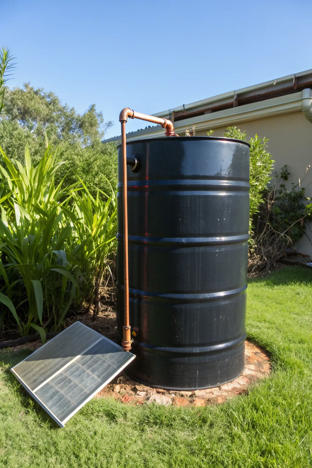 Harness the sun's energy: Transform a 55-gallon drum into an eco-friendly solar water heater for your garden.