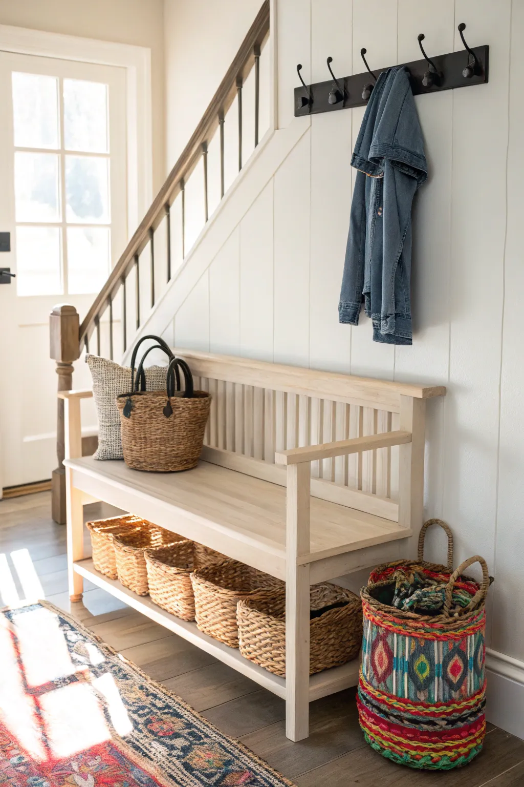 Transform your space with a touch of creativity and elegance - a repurposed crib becomes the perfect entryway bench!