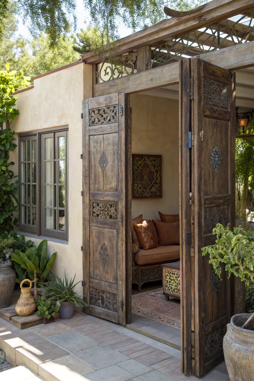 Transform your patio with the timeless charm of repurposed bifold doors.