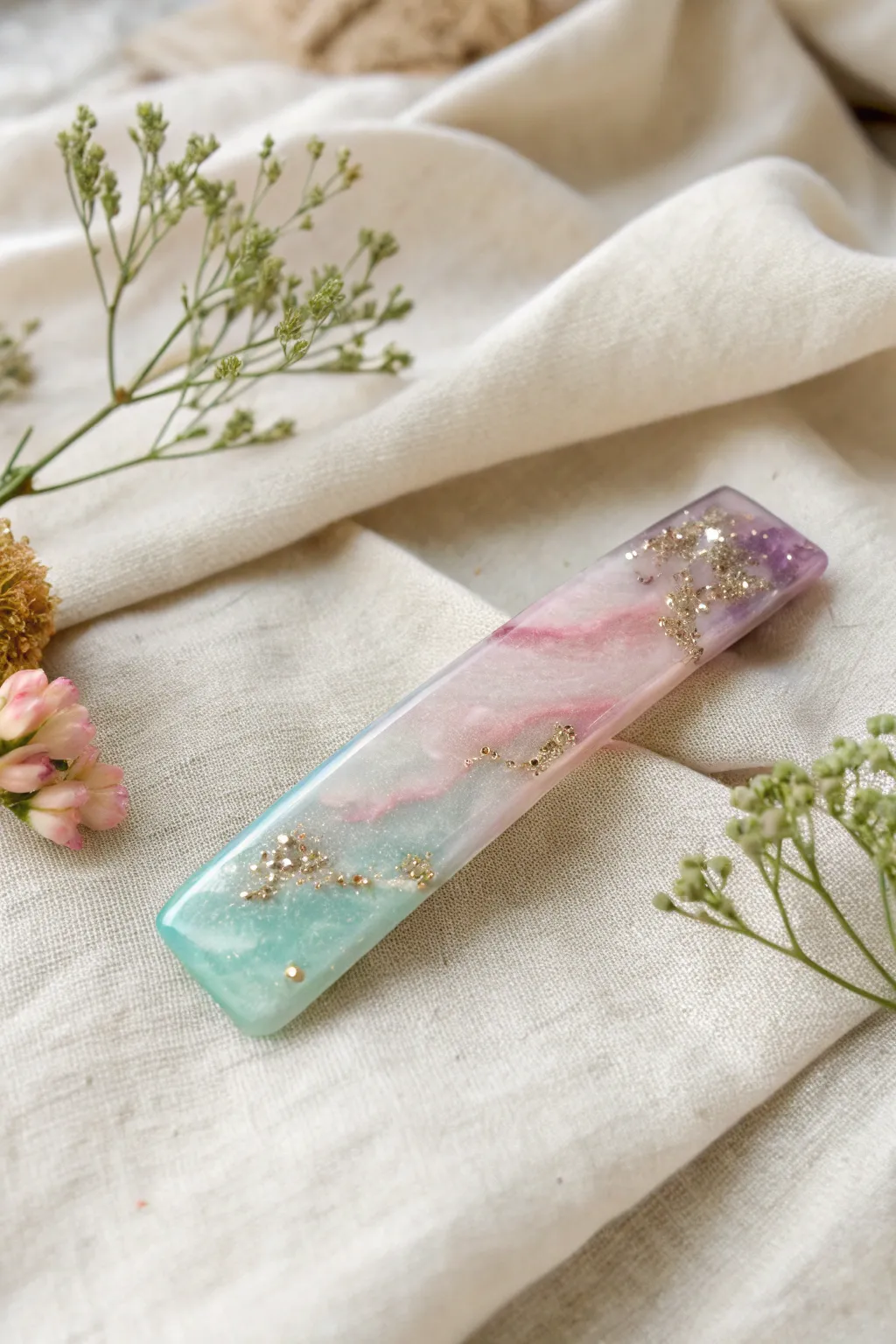 Add a touch of artistry to your hairstyle with this exquisite resin barrette, where craftsmanship meets elegance.