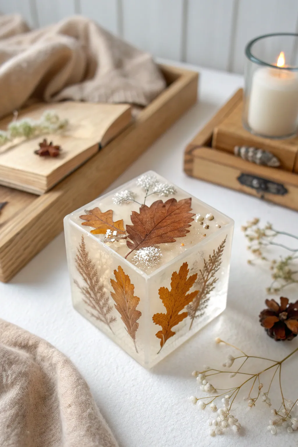 Celebrate the seasons with artisanal elegance—nature's beauty, captured in a resin cube.