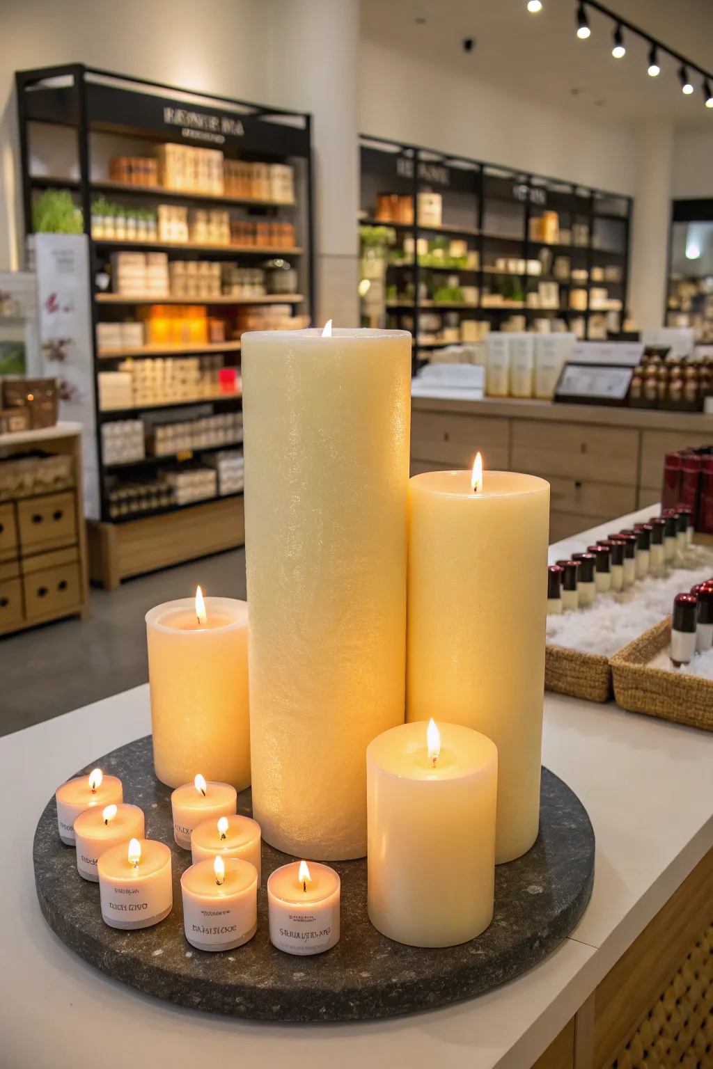 Candle display with oversized candles creating a focal point.