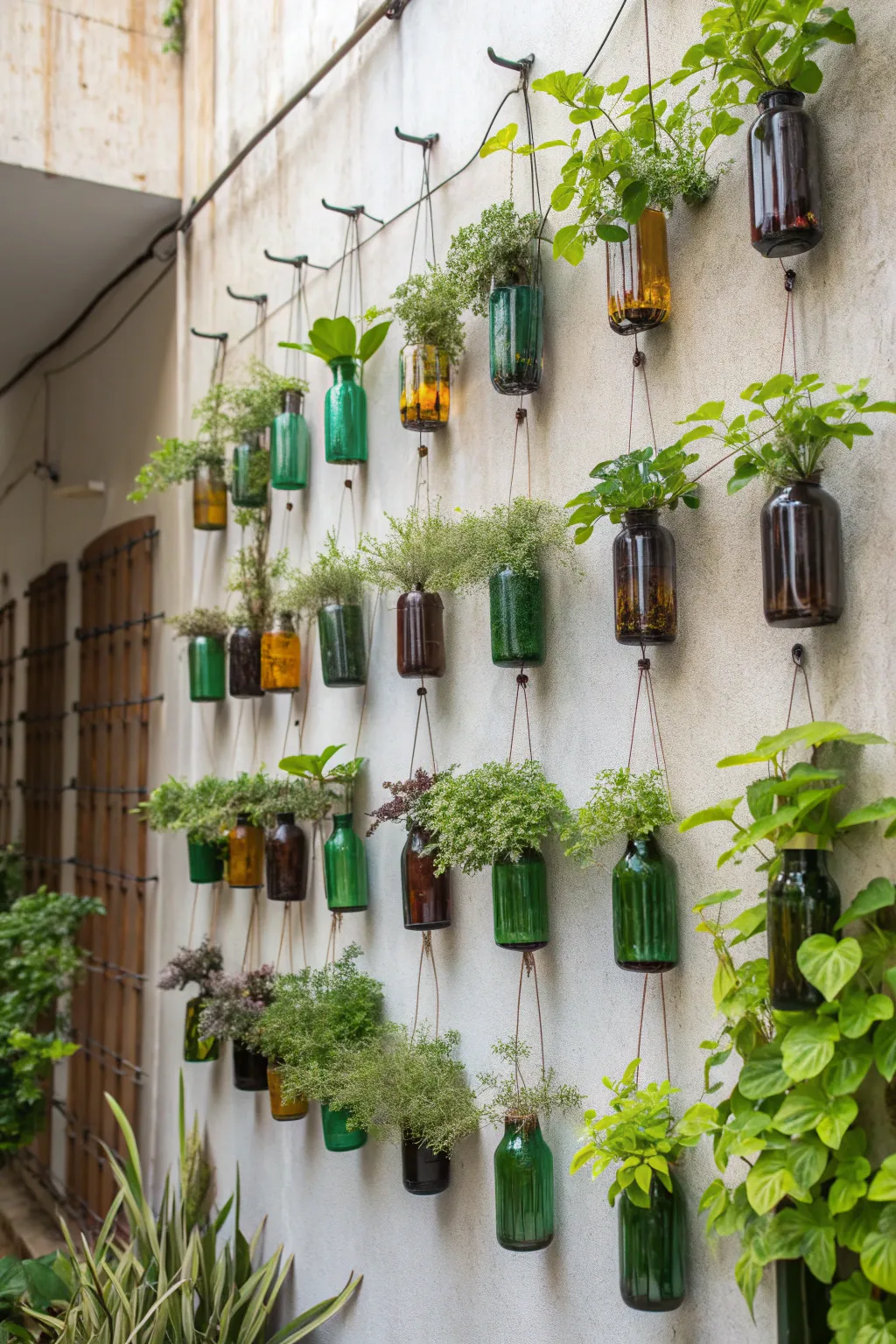 Transform your space with a stunning upcycled bottle garden wall, where eco-friendly meets elegance. 🌿💚 #SustainableStyle #BohoScandi
