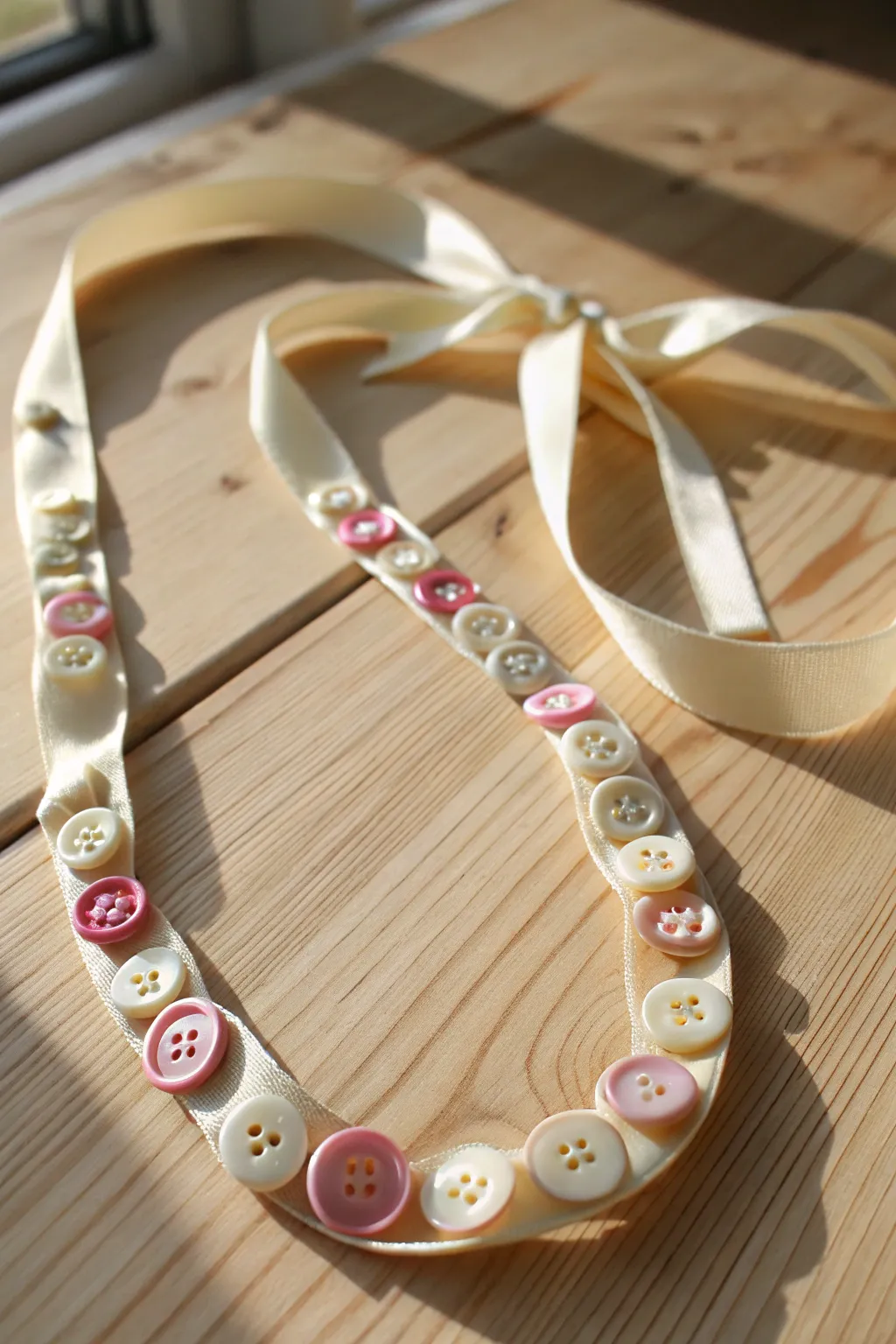 Elevate your style with this charming ribbon and button necklace, blending craftsmanship and simplicity in a minimalist design.