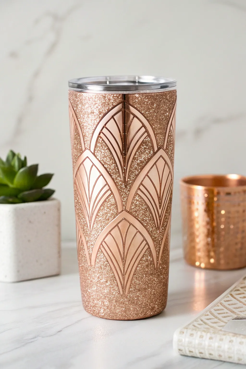 Sip in style with a touch of vintage luxury: Art Deco meets rose gold glamour.