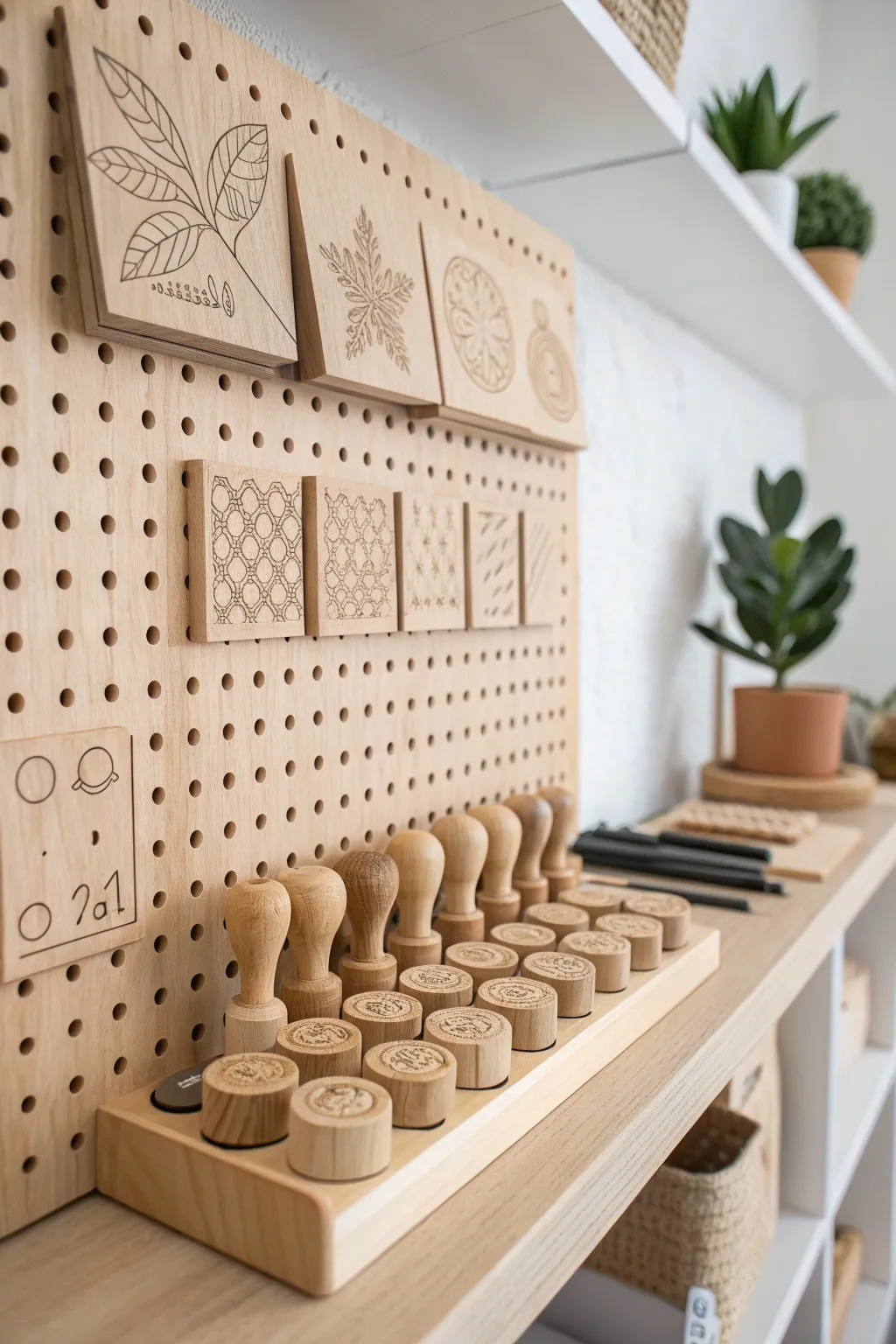 Transform your crafting space with a stylish pegboard wall—where organization meets artistry in a minimalist haven.