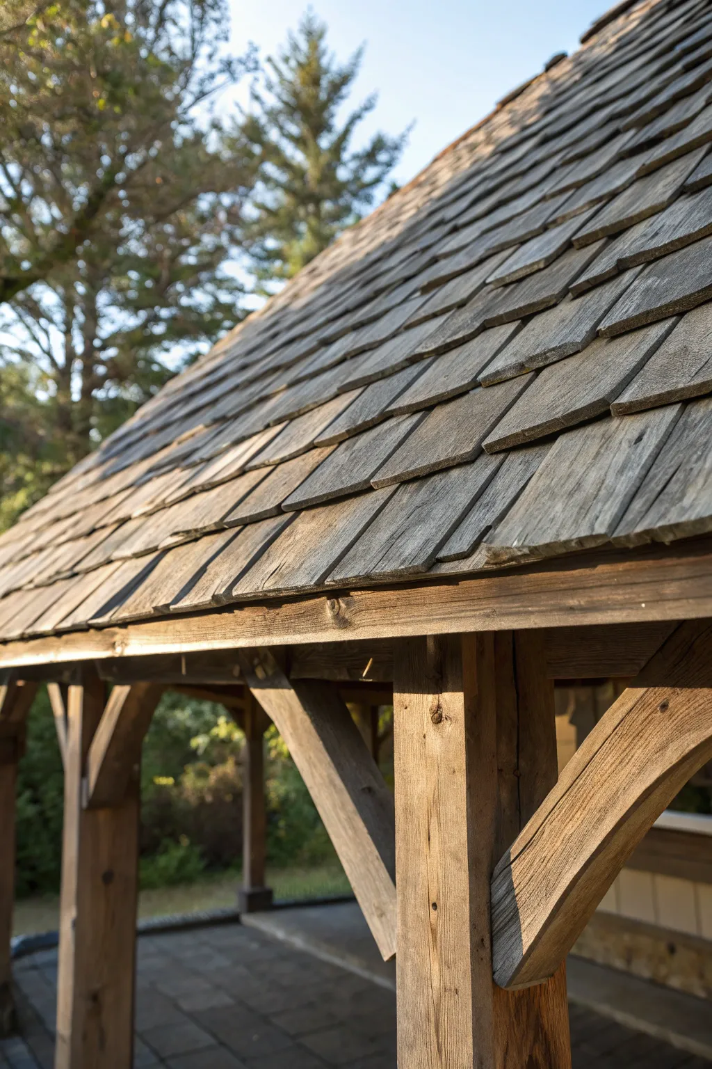 Embrace the natural beauty of weathered shingles for a rustic carport roof that stands the test of time.