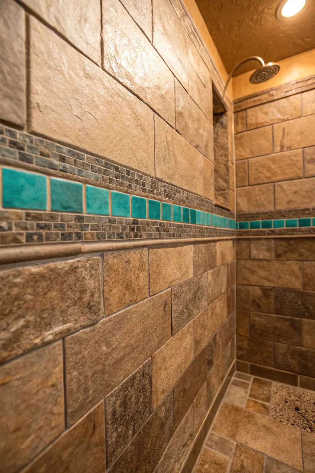 Elevate your rustic shower design with a splash of teal for a refreshing twist.