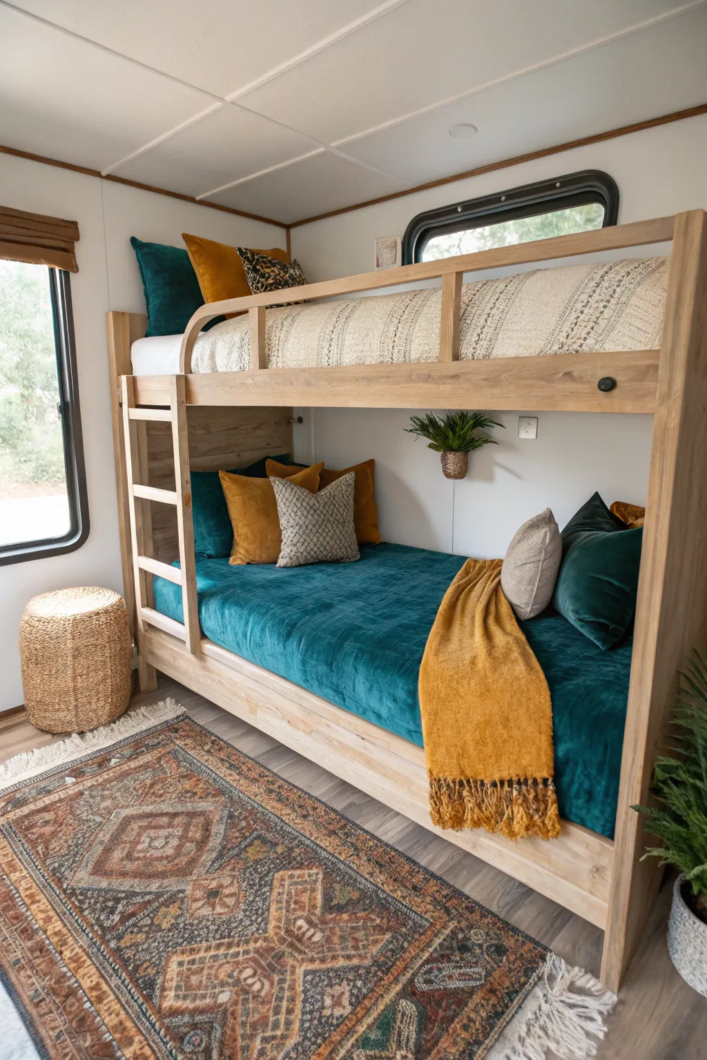 Elevate your RV bunk room with luxurious textures and bold colors for a cozy, chic retreat. #RVMakeover #ScandiBoho