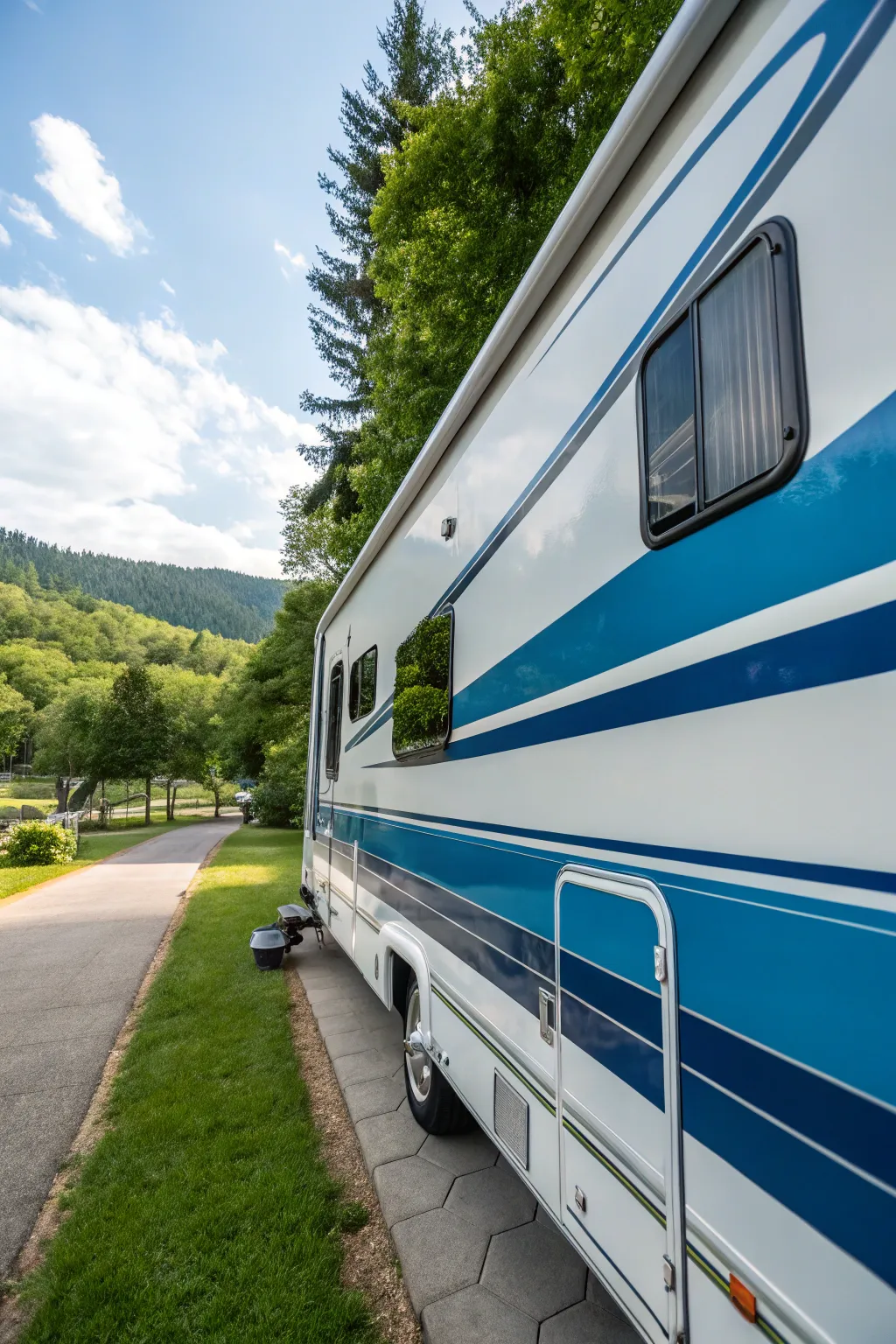 Elevate your RV's style with bold blue stripes for an unforgettable campsite presence.