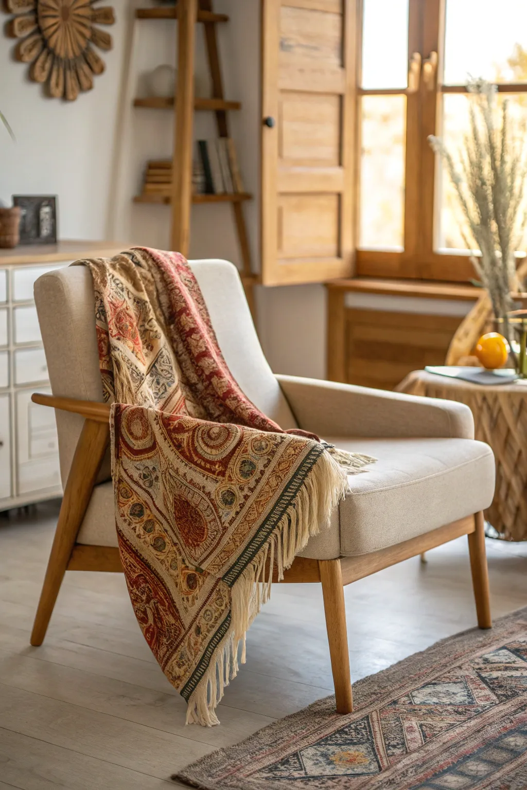 Transform your space with the simple elegance of a boho-patterned scarf, adding warmth and style to your living room.