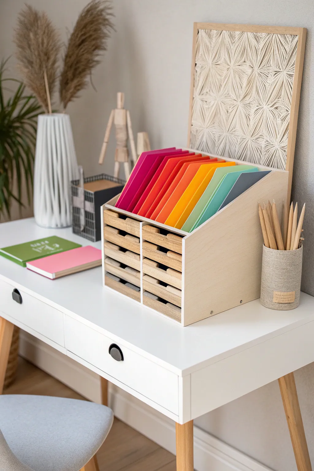 Elevate your paper organization with this chic DIY storage solution—where minimalist design meets bold color and natural beauty.