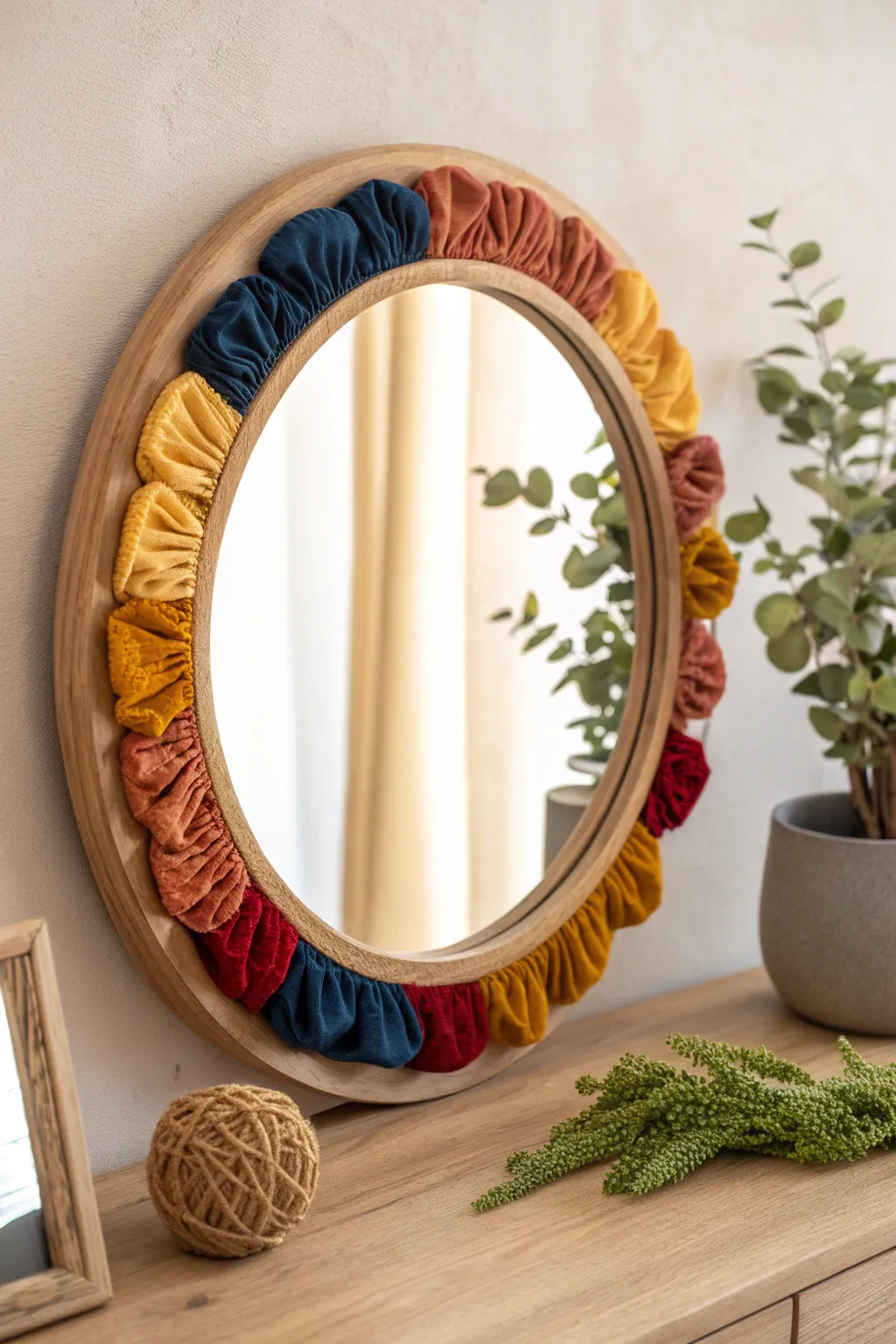 Add a touch of elegance and functionality to your space with a scrunchie-wrapped mirror frame.