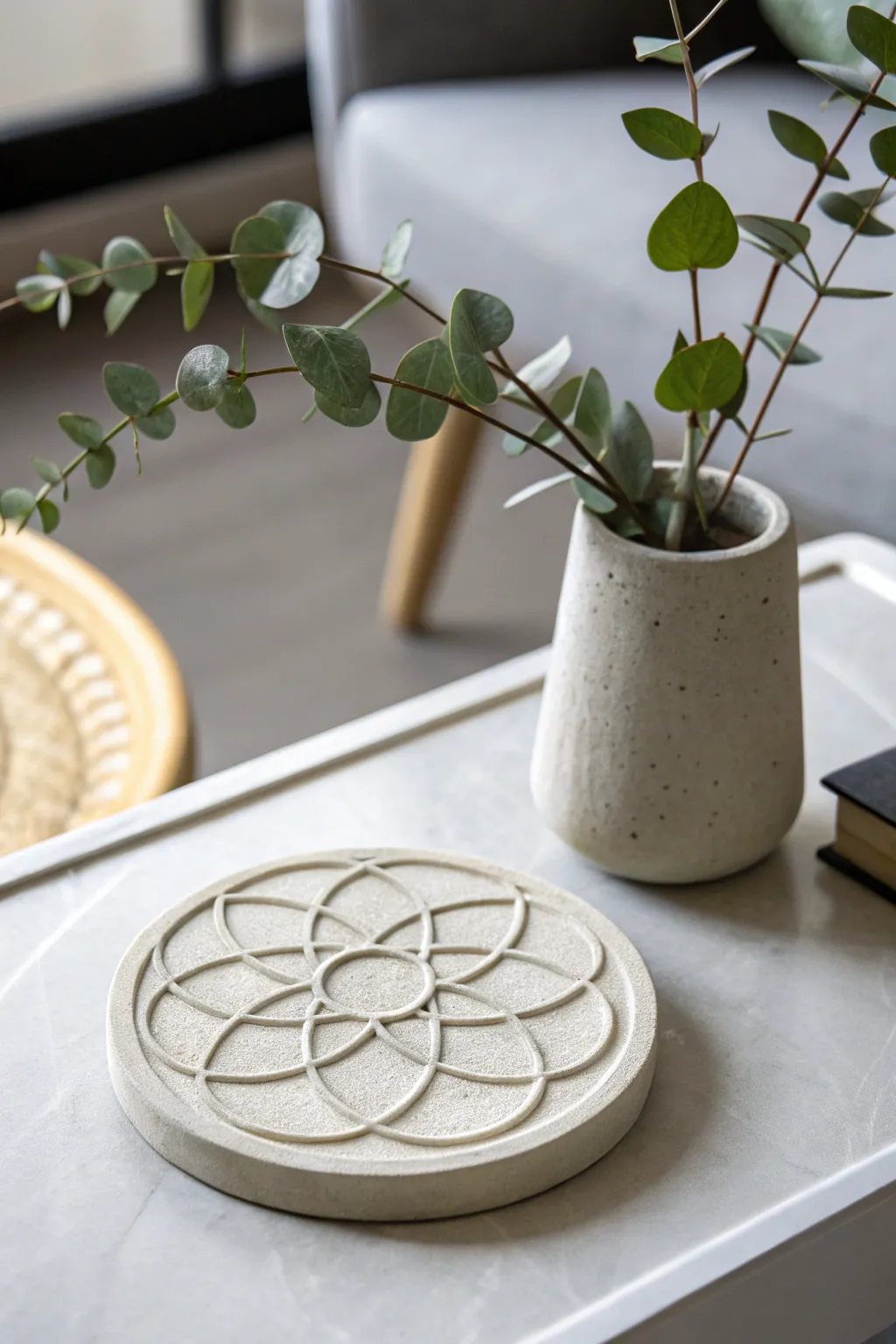 Elevate your coffee table with the elegance of Seed of Life concrete coasters.