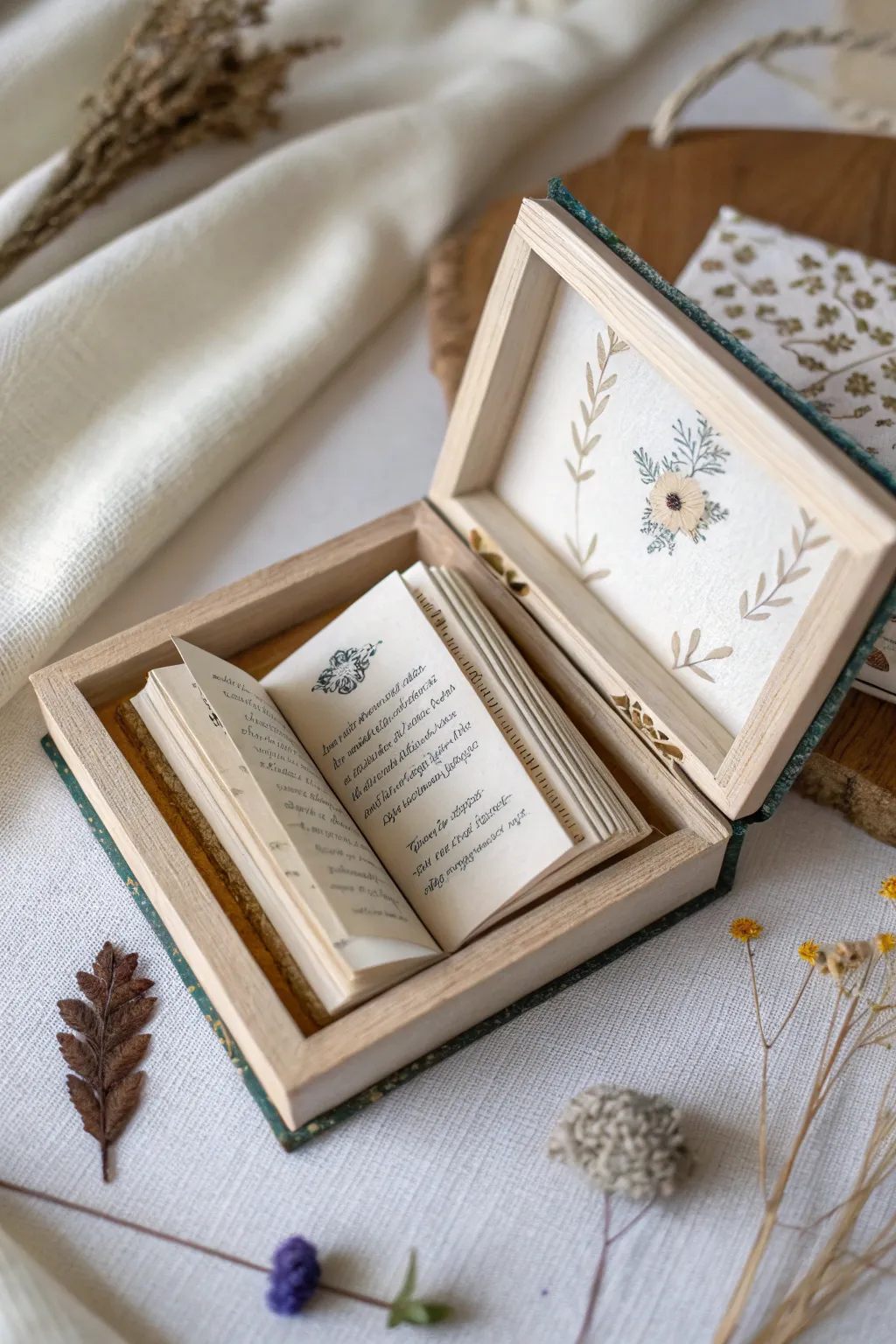Celebrate your shared stories with a handcrafted miniature book display, the perfect blend of simplicity and personal touch.
