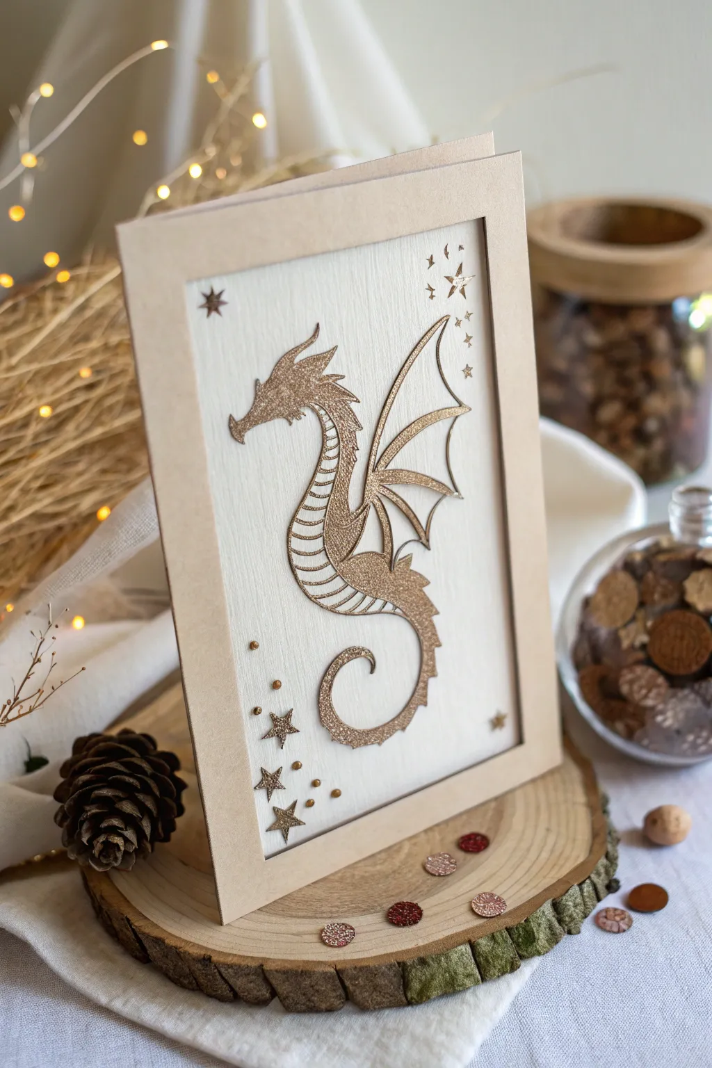Step into a magical realm with this enchanting shaker card, where minimalism meets fantasy.