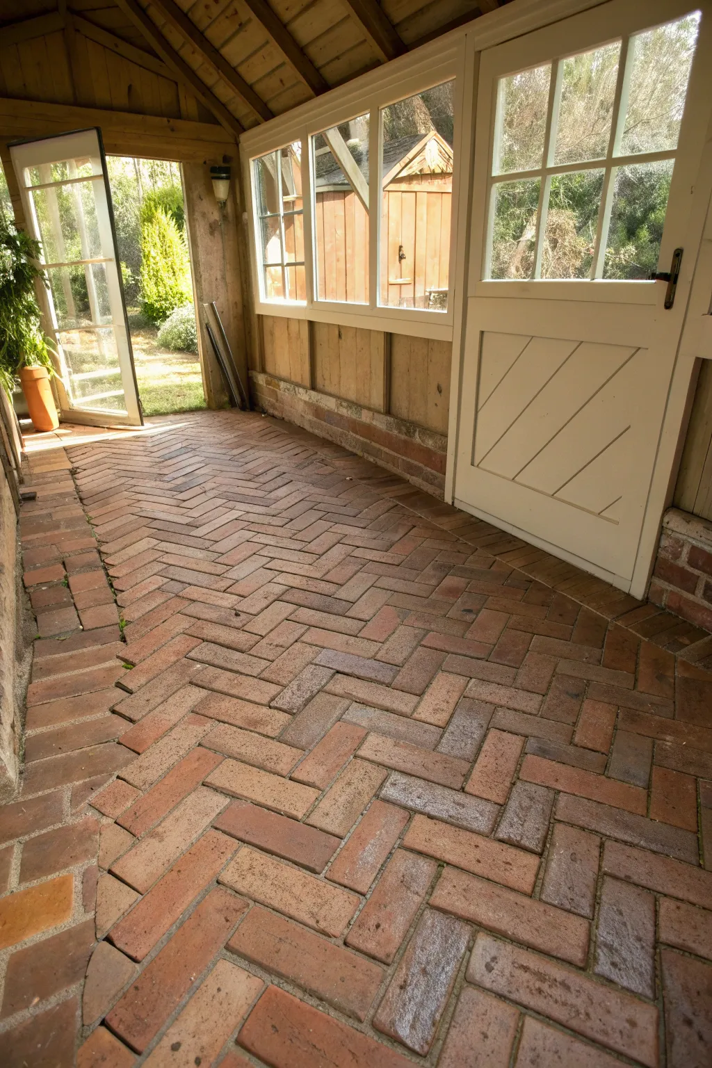 Embrace rustic charm with handcrafted brick flooring for your garden shed.