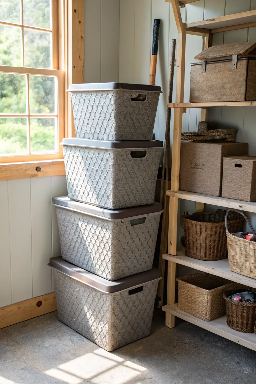 Effortlessly organized: Stackable bins for a clutter-free shed.