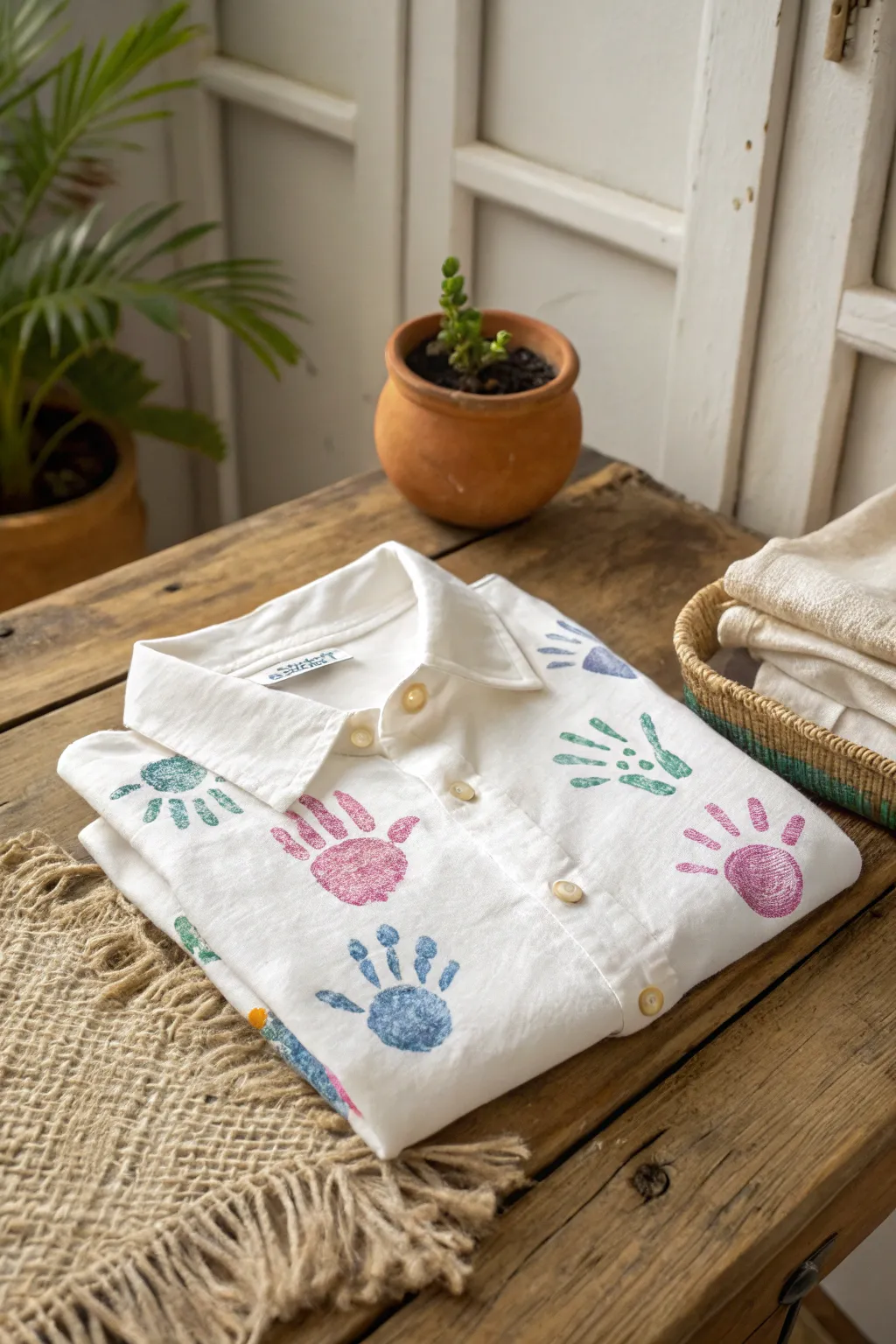 Capture memories with a personal touch: DIY handprint shirt art.