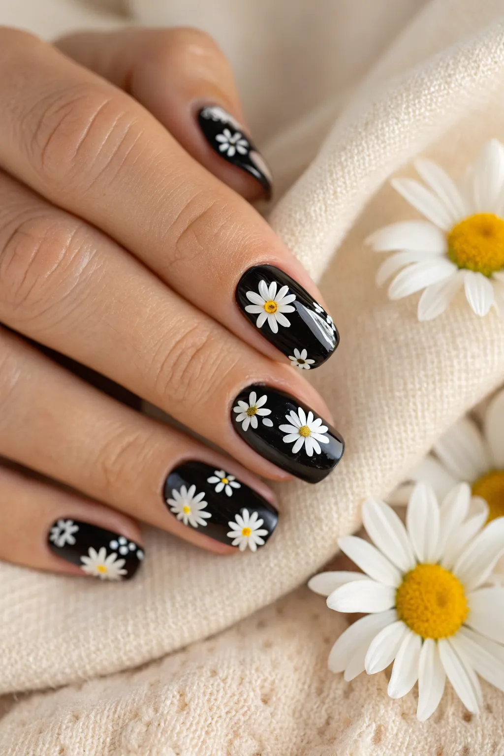 Embrace elegance with black and white daisy nail art – where bold meets beautiful.