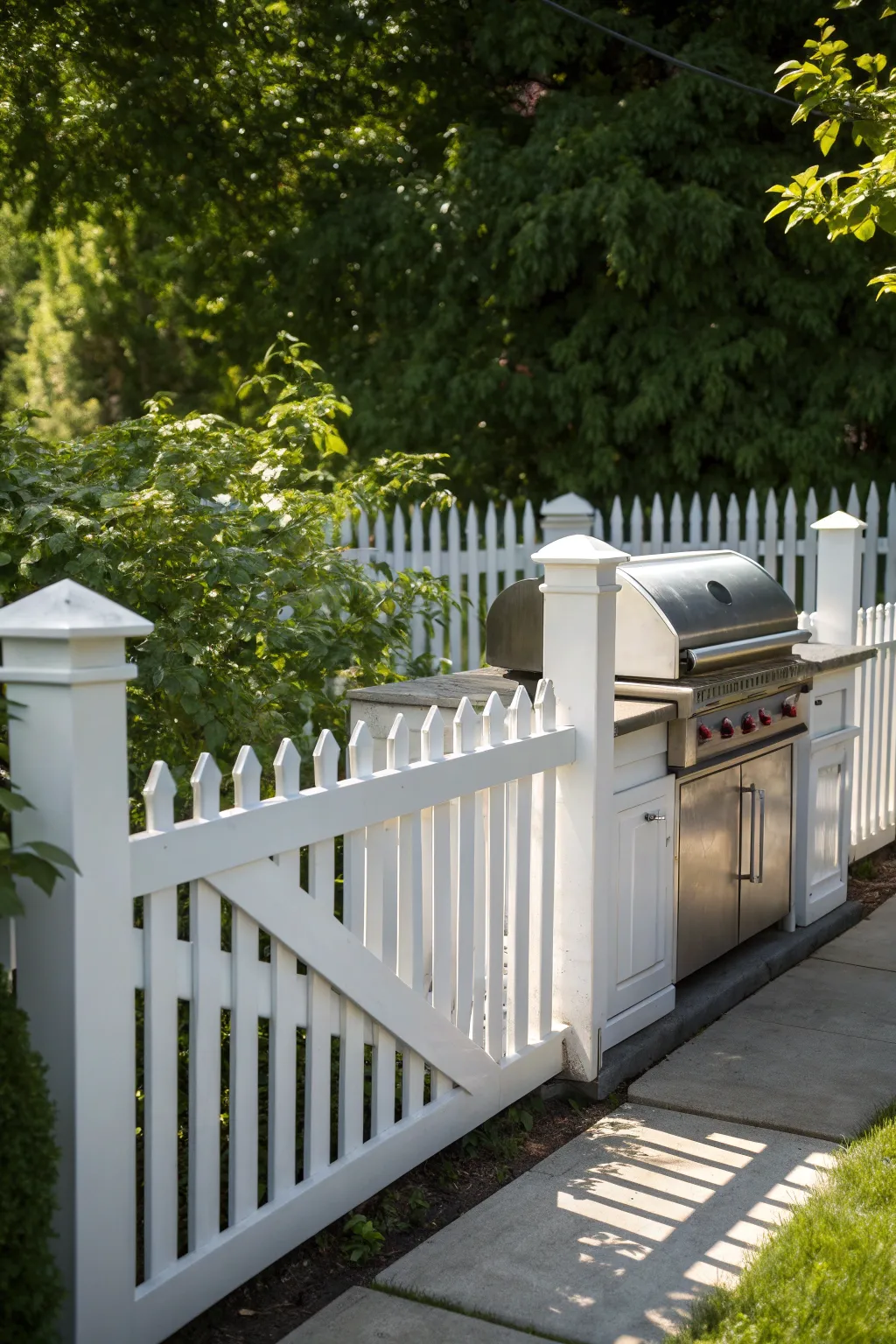 Elevate your grilling space with a charming picket fence wrap, blending functionality with timeless craftsmanship.