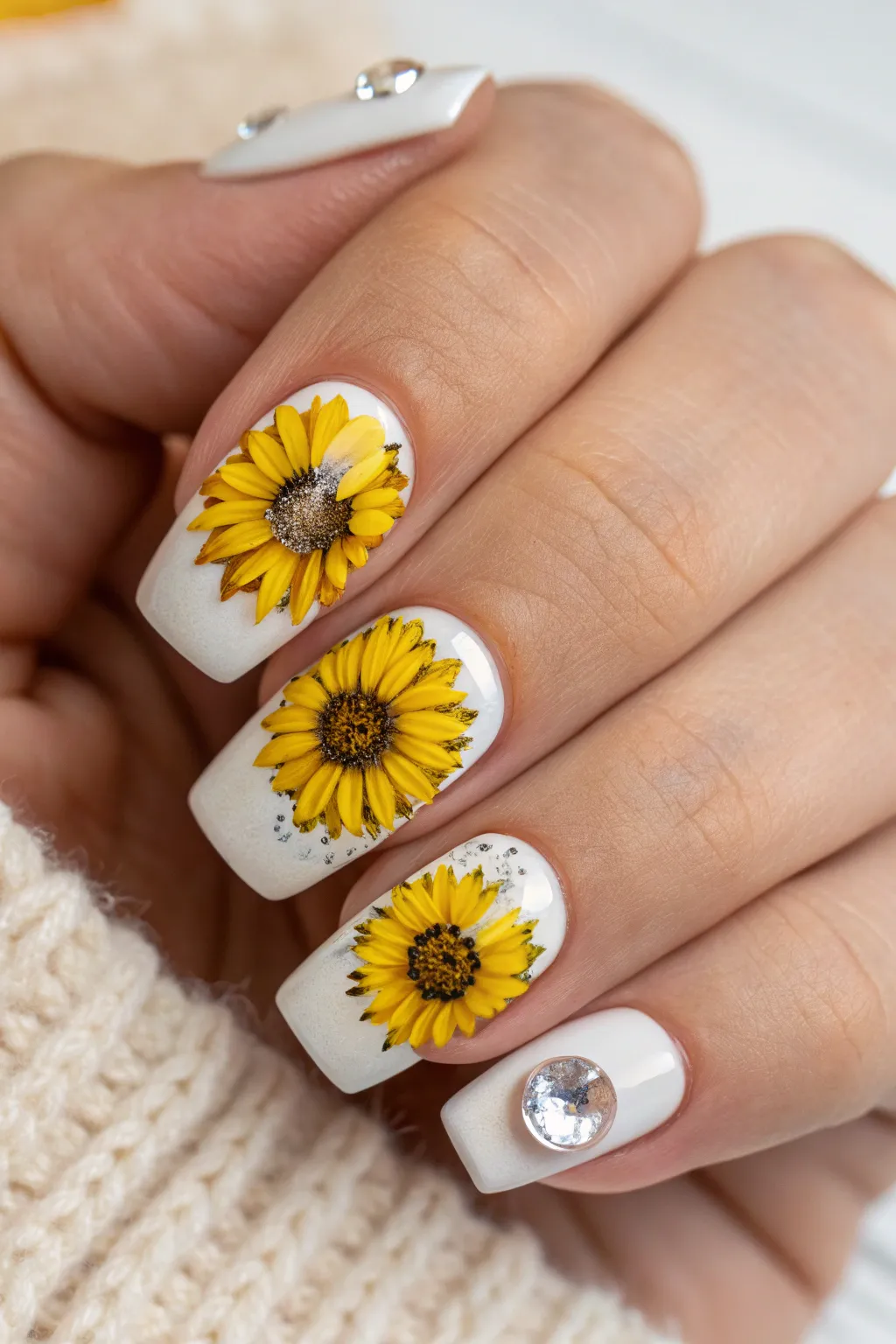 Elevate your manicure with elegant sunflower designs and crystal accents for a chic, minimalist look with a boho twist.