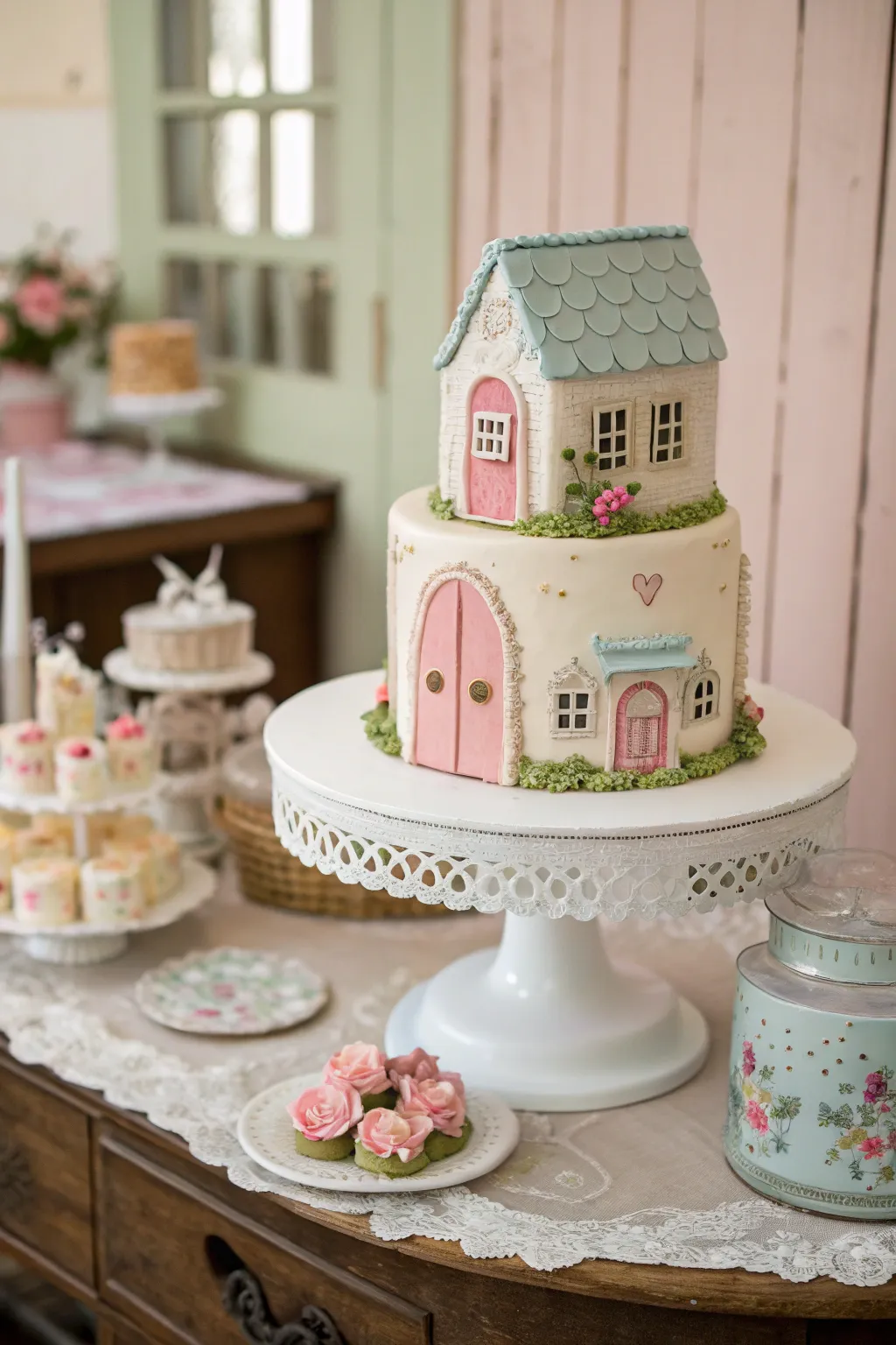 An intricate dollhouse cake, capturing the charm of playtime.