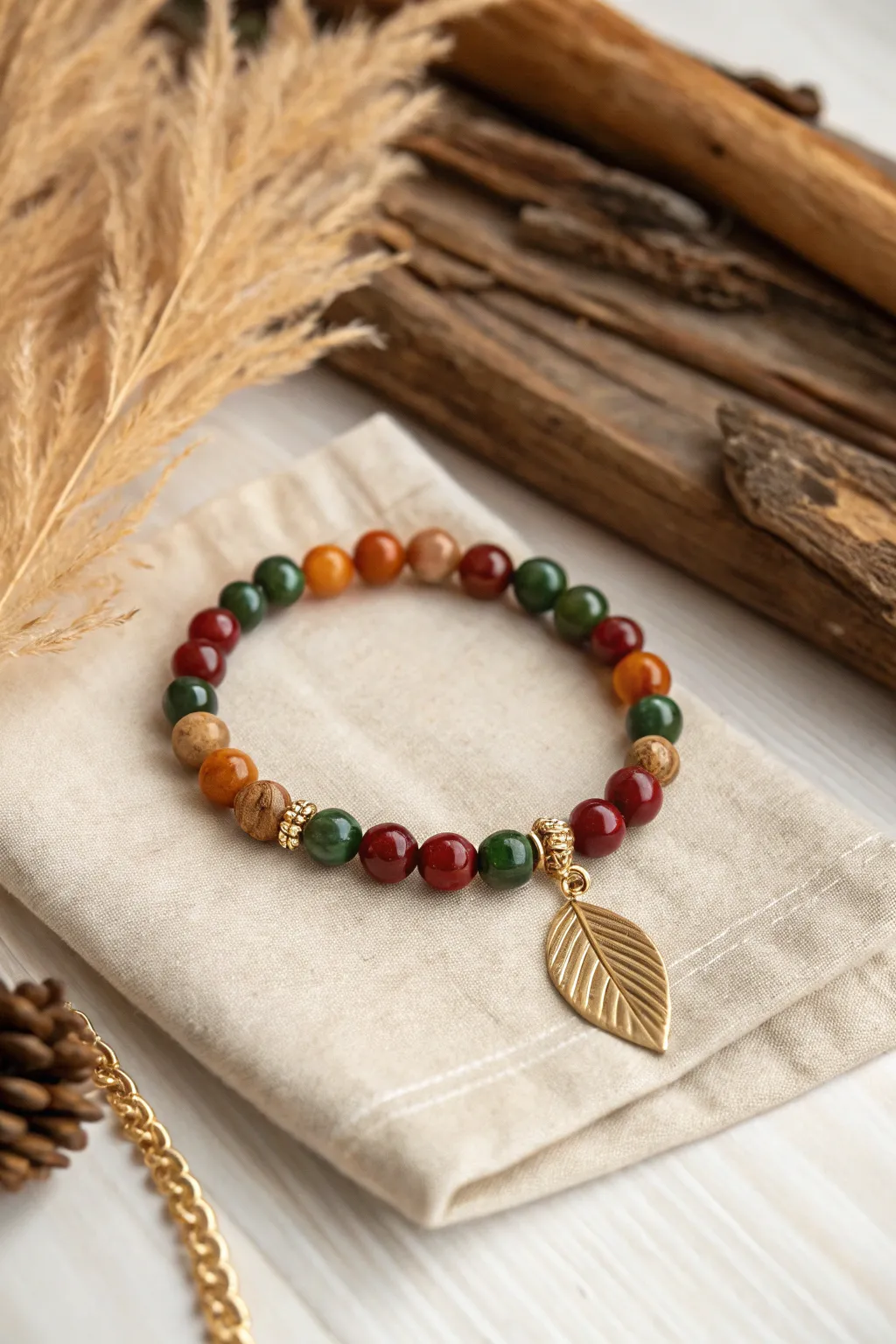 Embrace the beauty of autumn with a handcrafted bead bracelet that captures the essence of the season.