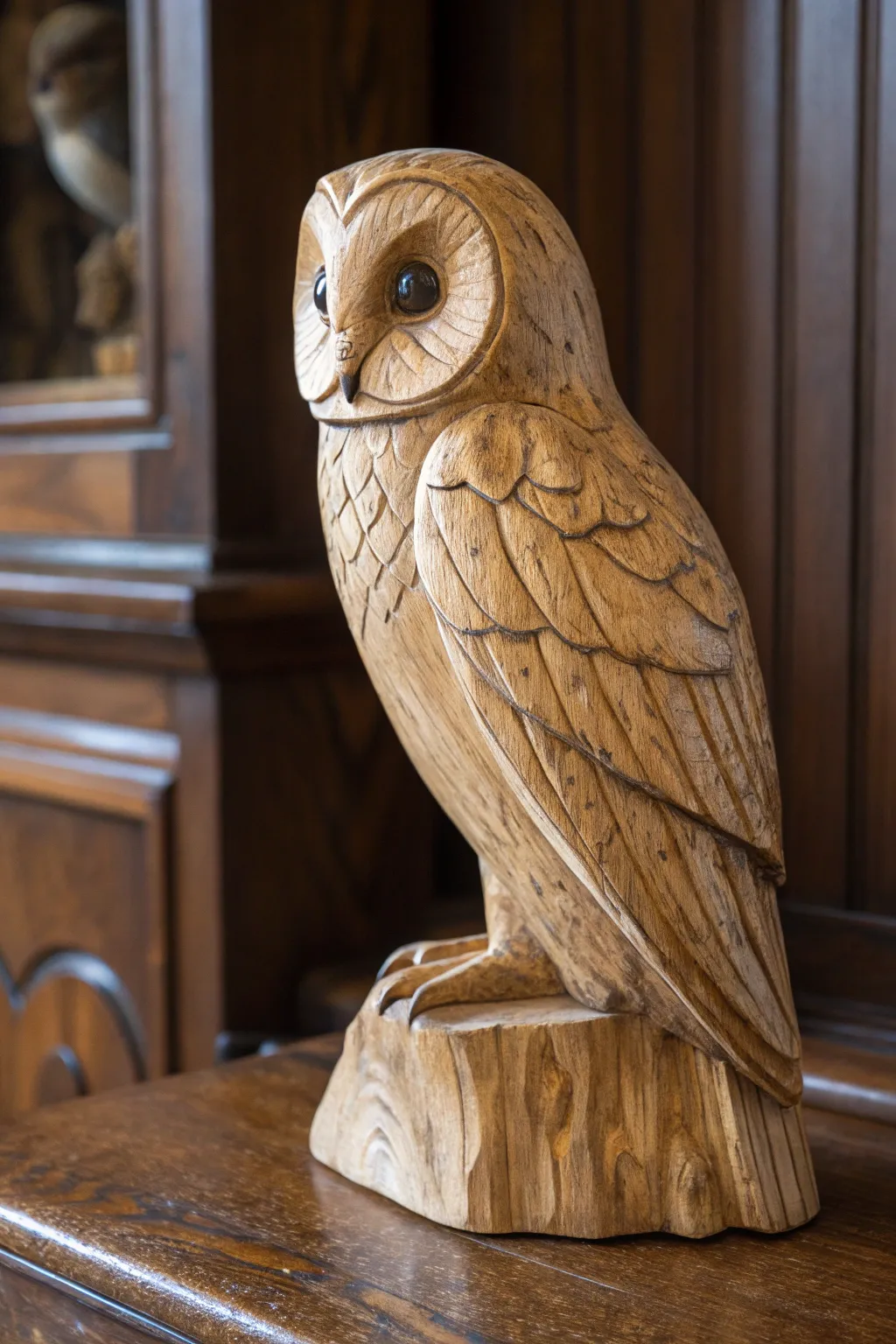 Embrace wisdom and craftsmanship with this exquisite wooden owl carving.